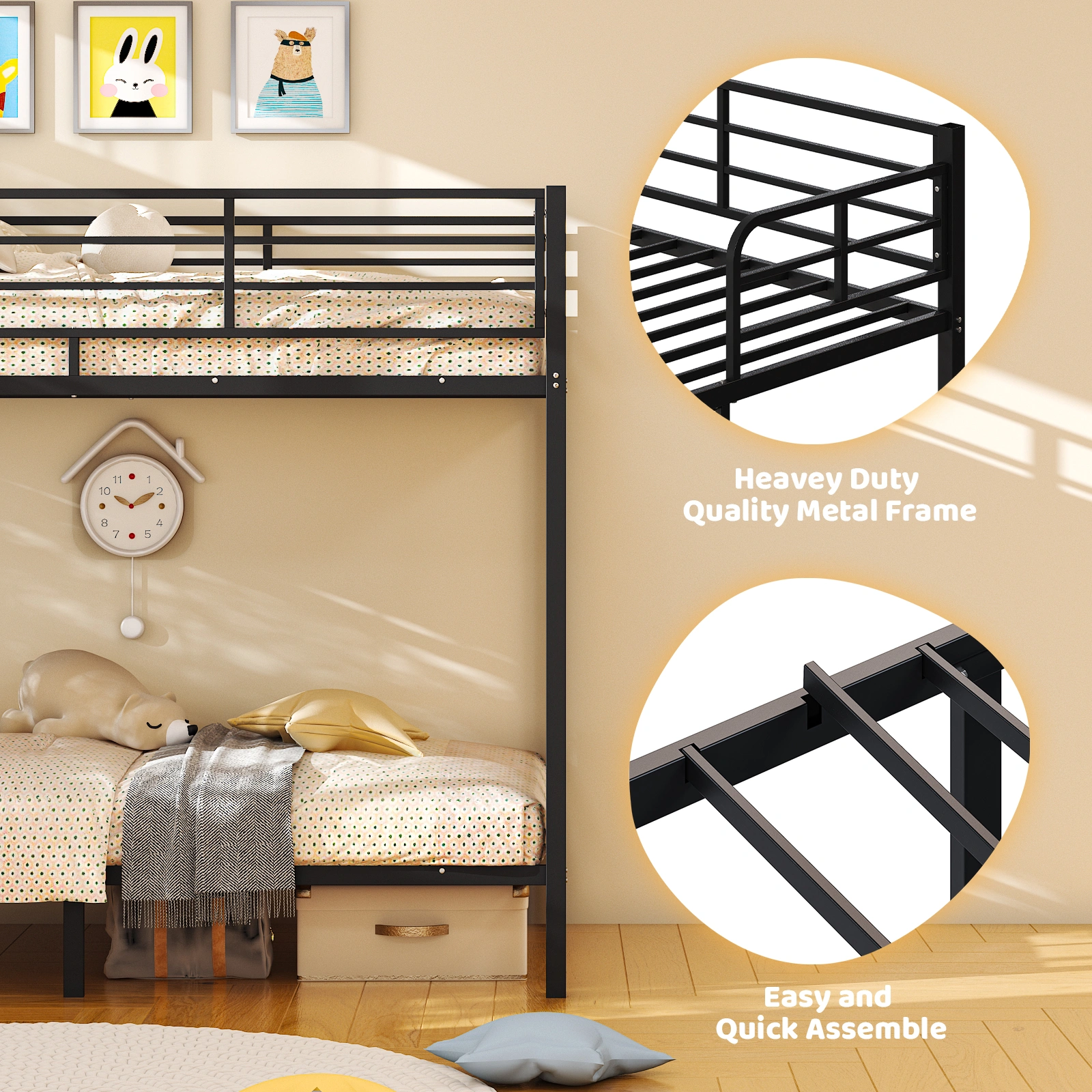 Black Twin Bunk Bed Square Tube High Guardrail Side Ladder Opening Iron Bed view 10