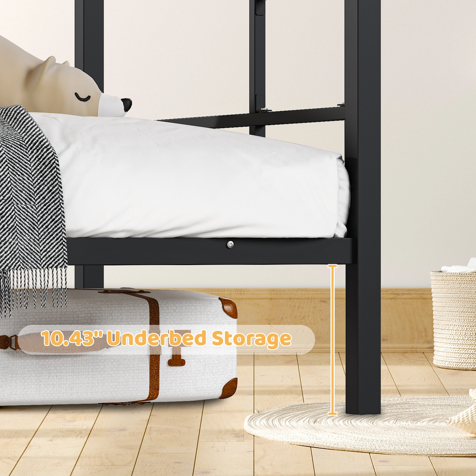 Black Twin Bunk Bed Square Tube High Guardrail Side Ladder Opening Iron Bed view 12