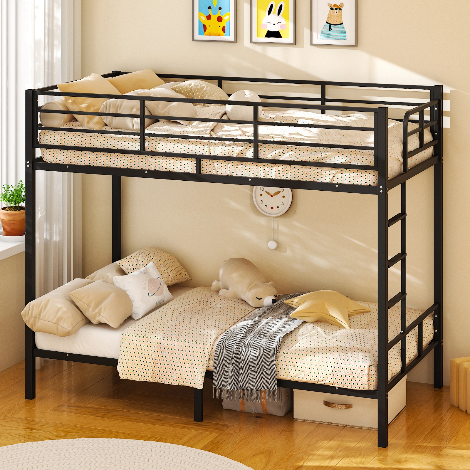 Black Twin Bunk Bed Square Tube High Guardrail Side Ladder Opening Iron Bed view 14