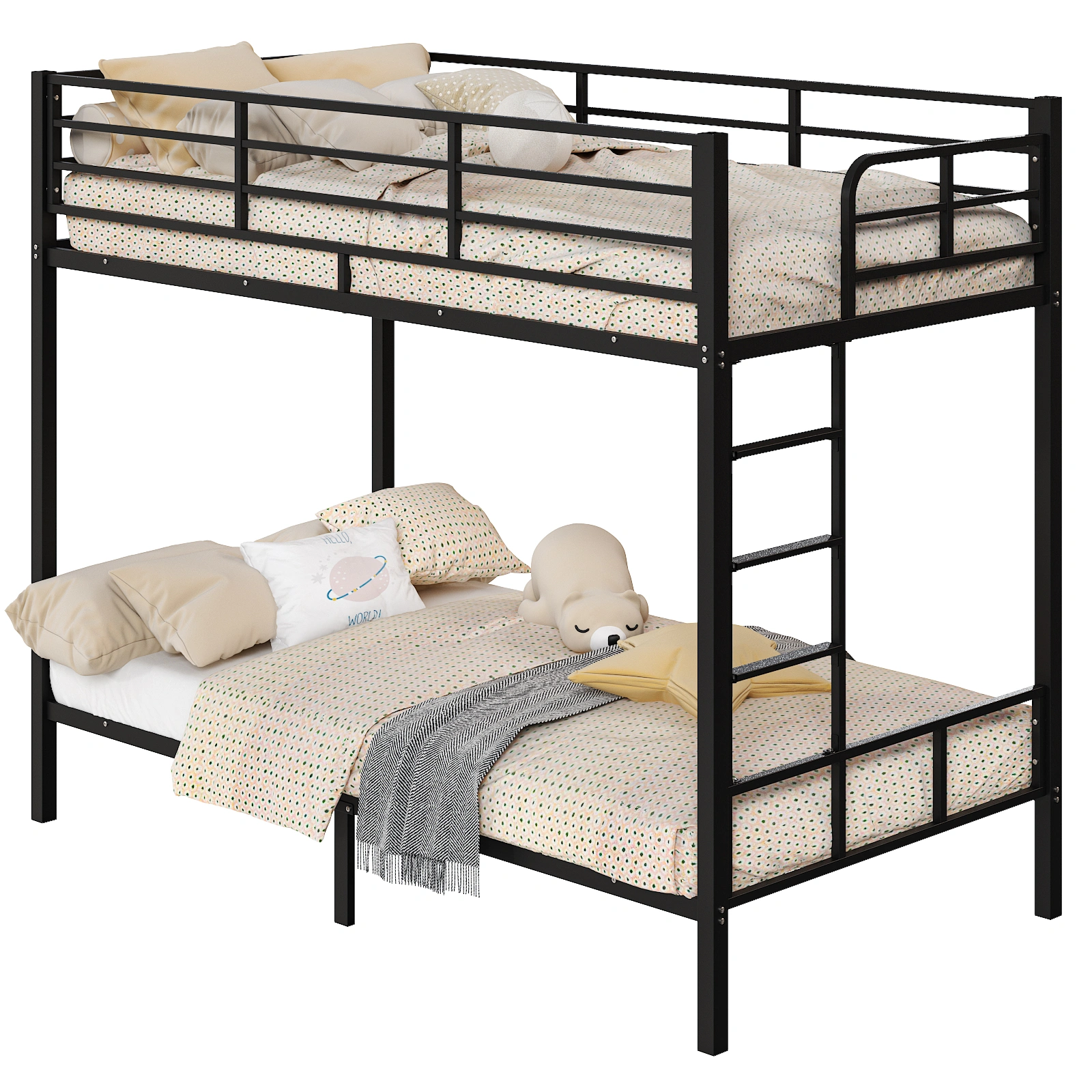 Black Twin Bunk Bed Square Tube High Guardrail Side Ladder Opening Iron Bed view 9