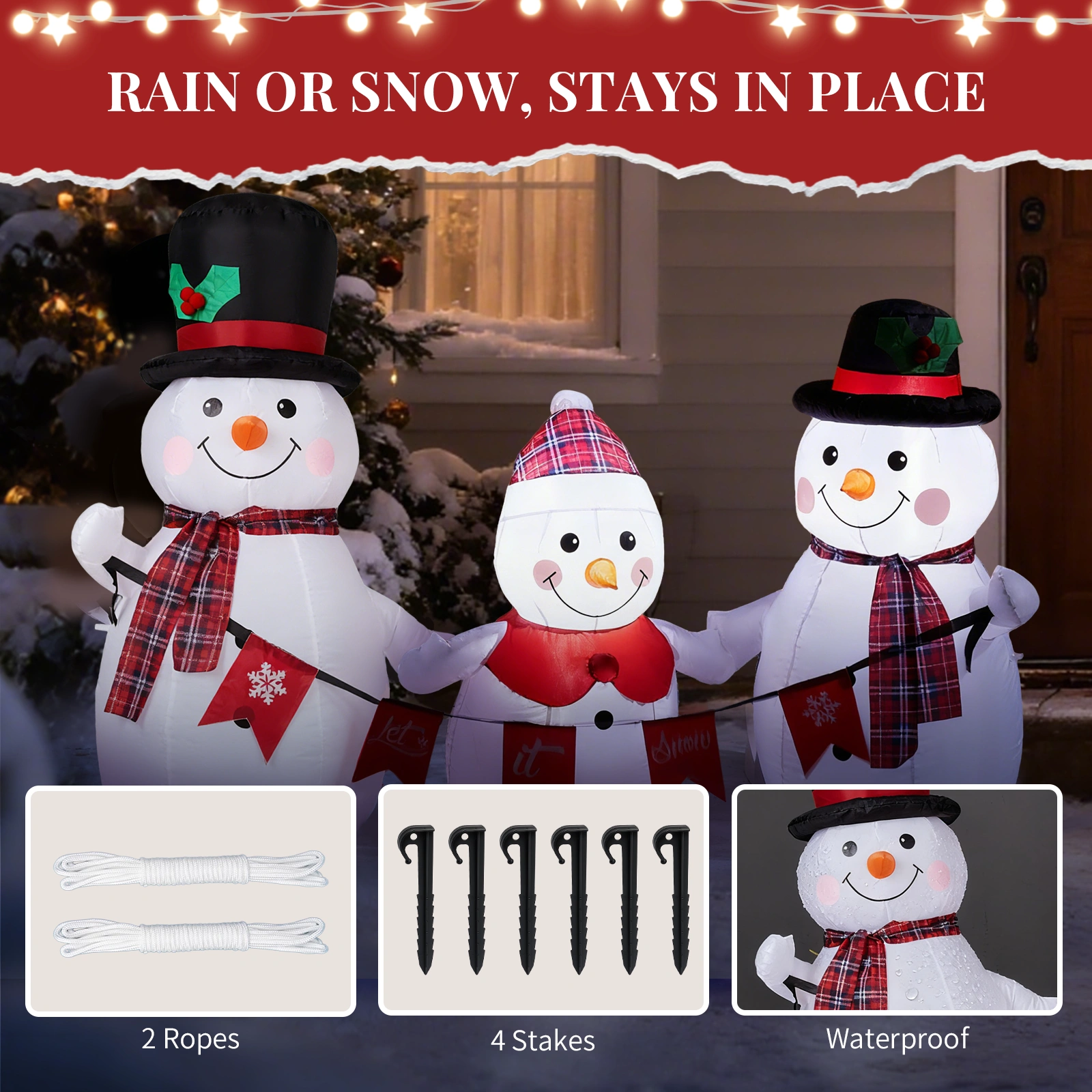 6.2FT Lighted Christmas Inflatable Decoration, Inflatable Snowman Family with Bunting, Blow Up Yard Decor with LED Lights for Holiday Party Front Lawn view 6