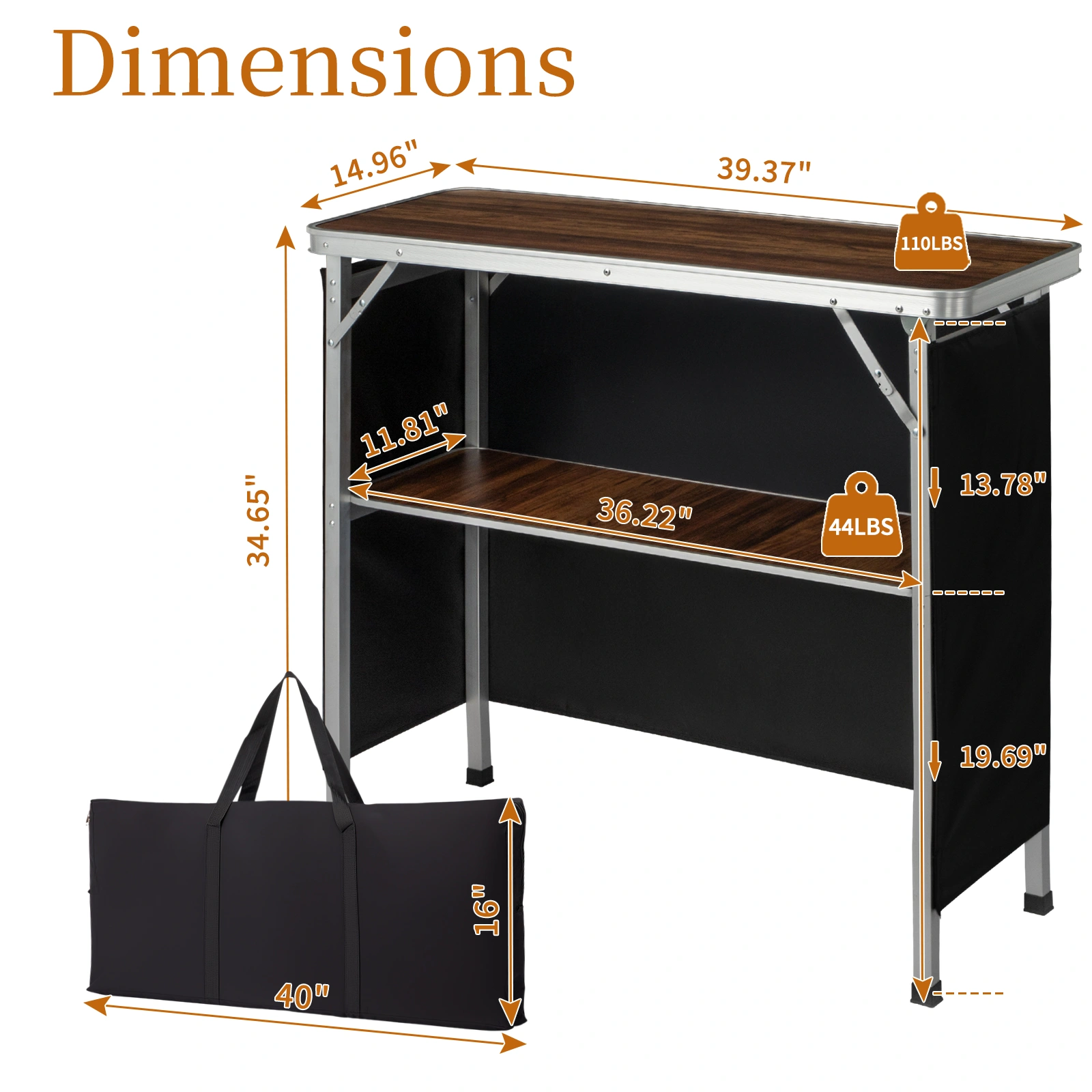 Portable Folding Bar Table with Shelf & Black Skirt, Includes Carry Bag, Brown Wood Tone, Tradeshow Podium Table for Indoor Outdoor Party Picnic Exhibition view 14