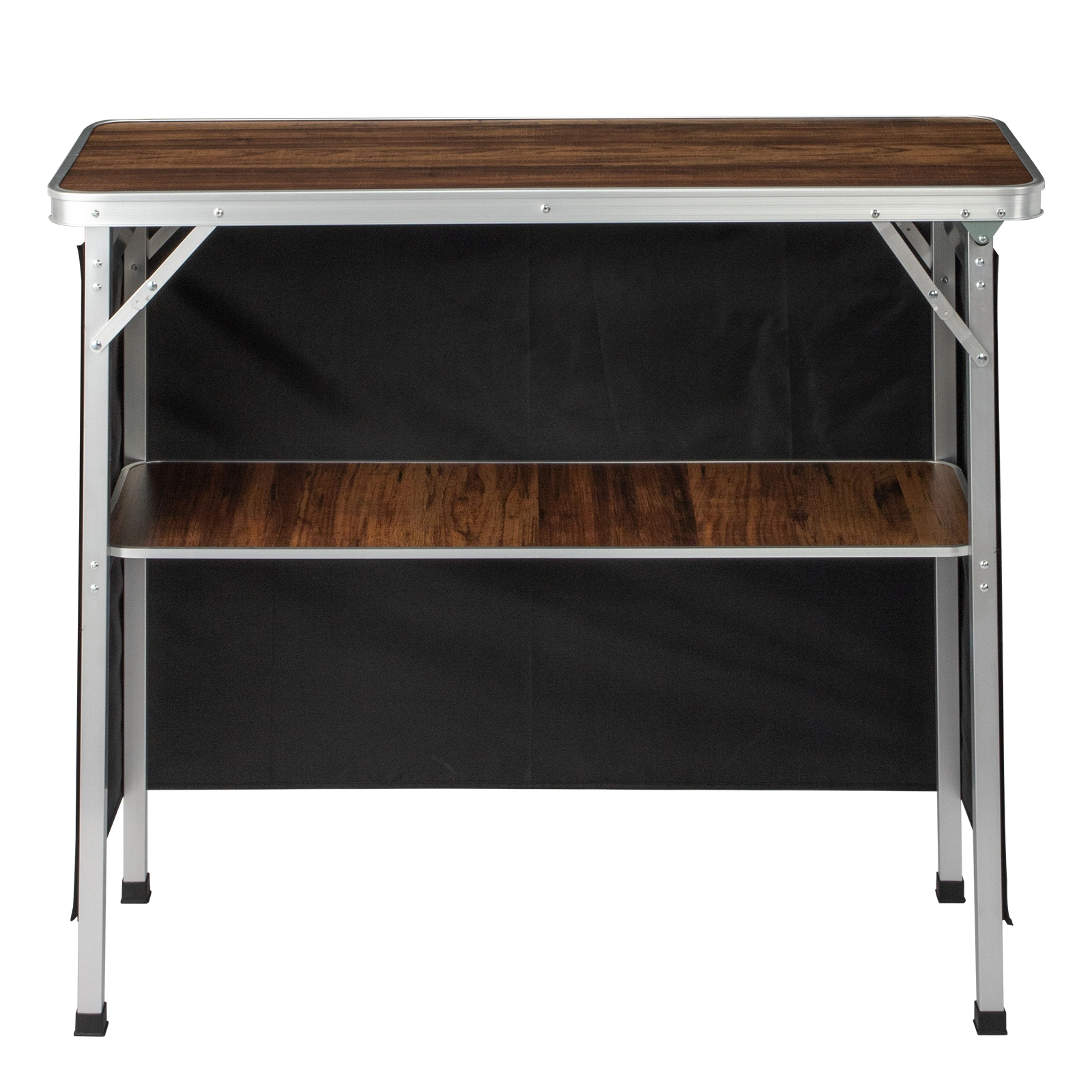 Portable Folding Bar Table with Shelf & Black Skirt, Includes Carry Bag, Brown Wood Tone, Tradeshow Podium Table for Indoor Outdoor Party Picnic Exhibition view 2