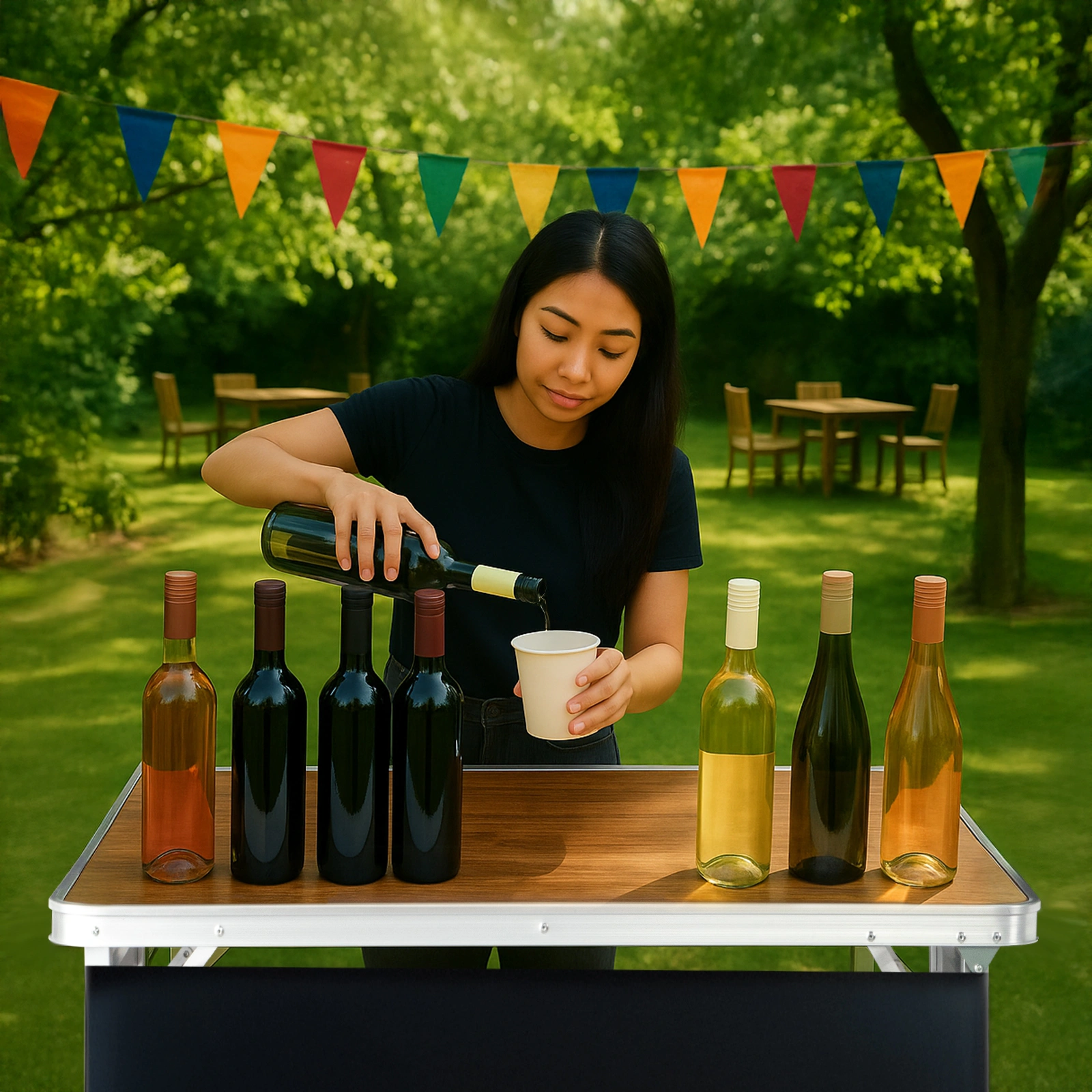 Portable Folding Bar Table with Shelf & Black Skirt, Includes Carry Bag, Brown Wood Tone, Tradeshow Podium Table for Indoor Outdoor Party Picnic Exhibition view 3