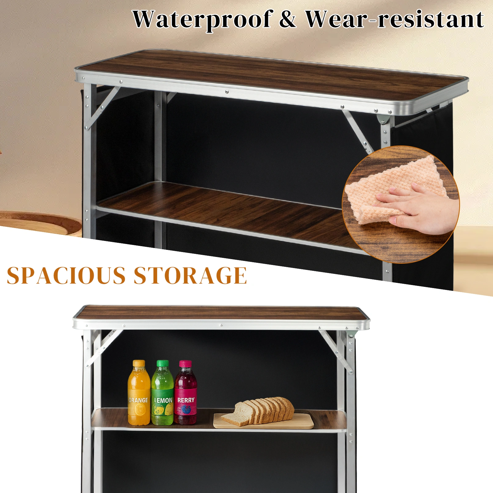 Portable Folding Bar Table with Shelf & Black Skirt, Includes Carry Bag, Brown Wood Tone, Tradeshow Podium Table for Indoor Outdoor Party Picnic Exhibition view 4