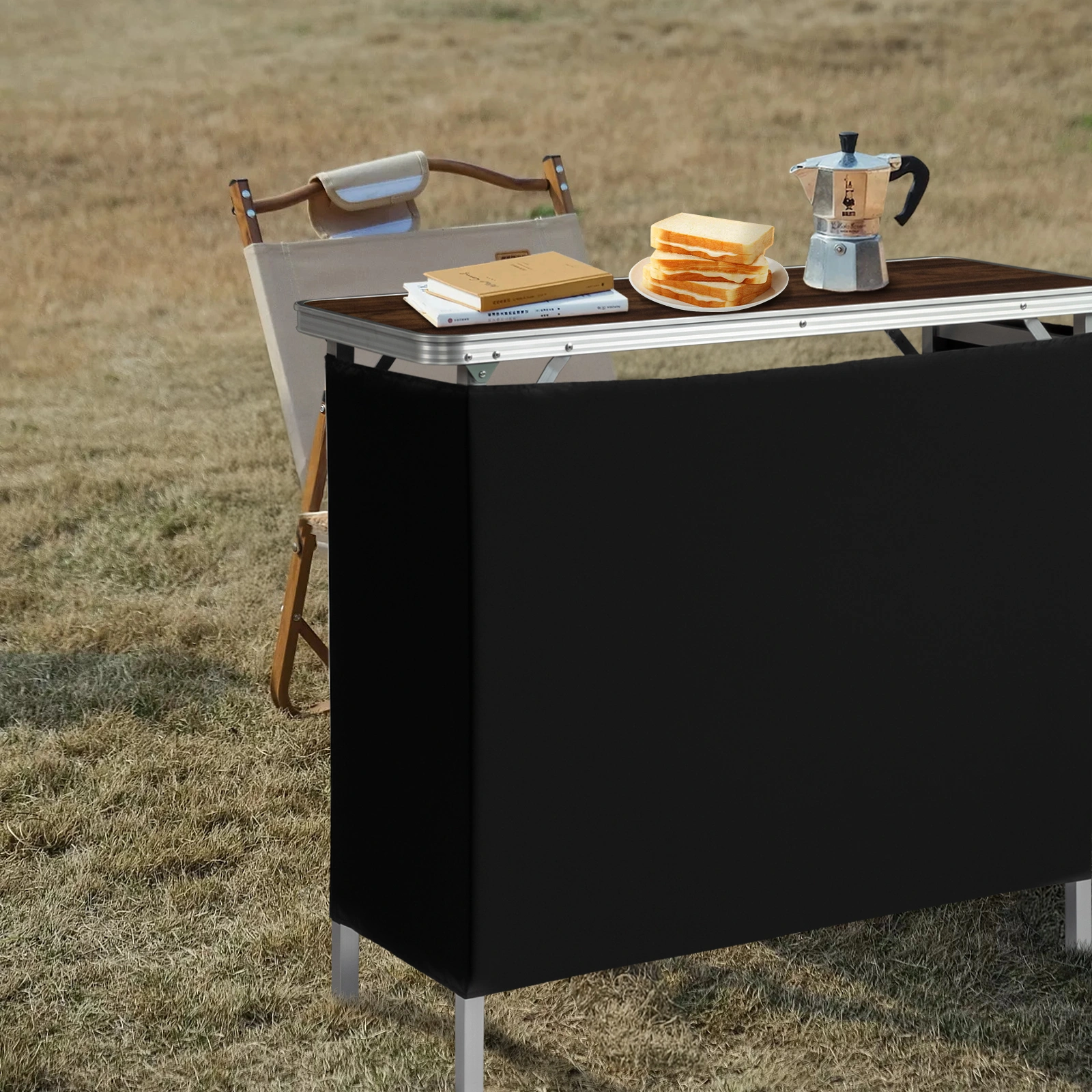 Portable Folding Bar Table with Shelf & Black Skirt, Includes Carry Bag, Brown Wood Tone, Tradeshow Podium Table for Indoor Outdoor Party Picnic Exhibition view 7