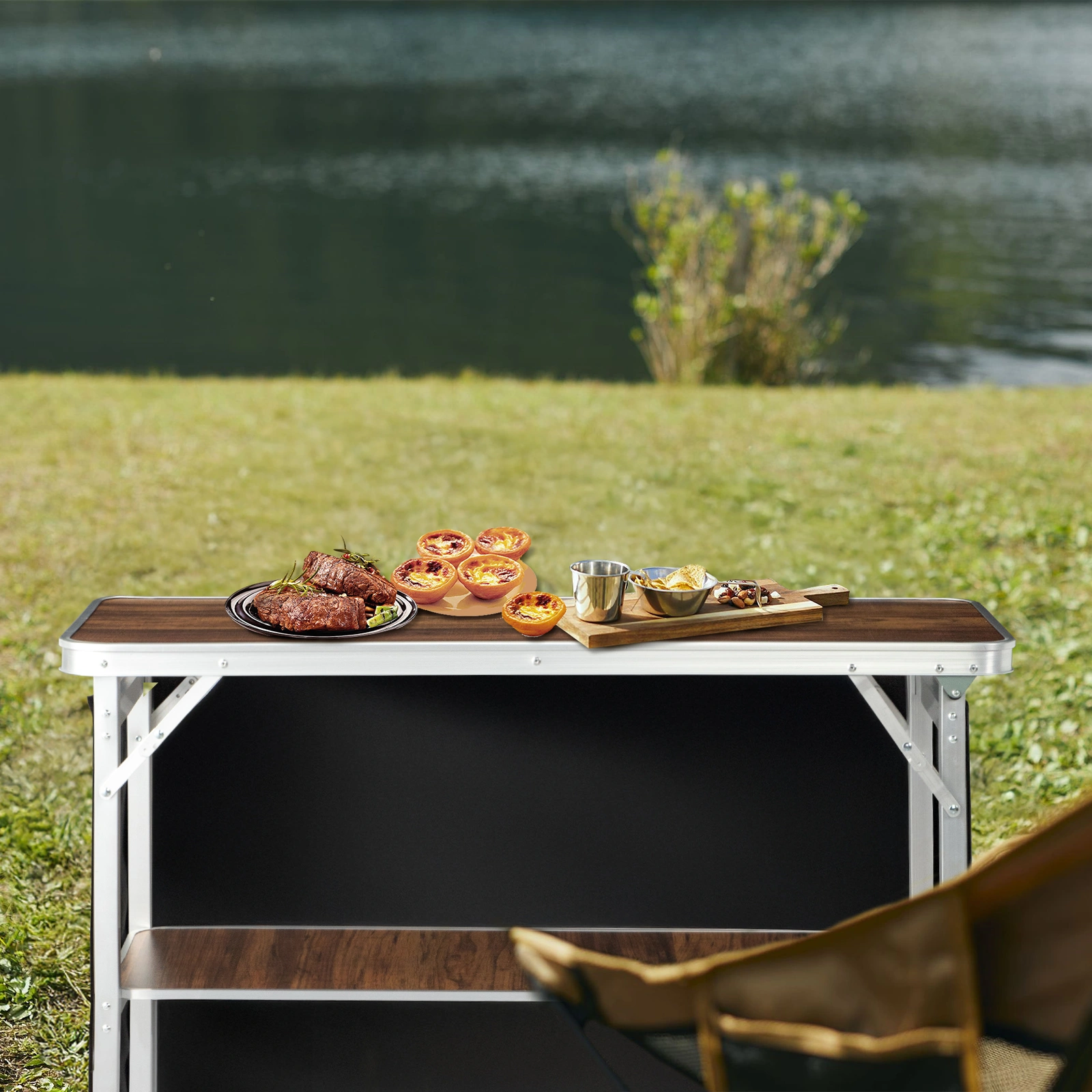 Portable Folding Bar Table with Shelf & Black Skirt, Includes Carry Bag, Brown Wood Tone, Tradeshow Podium Table for Indoor Outdoor Party Picnic Exhibition view 8