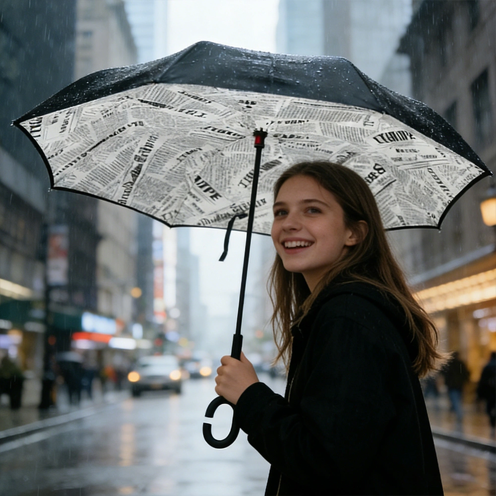 Double Layer Inverted Umbrella for Cars, Reverse Open Windproof UV Protection, Newspaper Pattern Large Self Standing Straight Umbrella with C Handle view 2