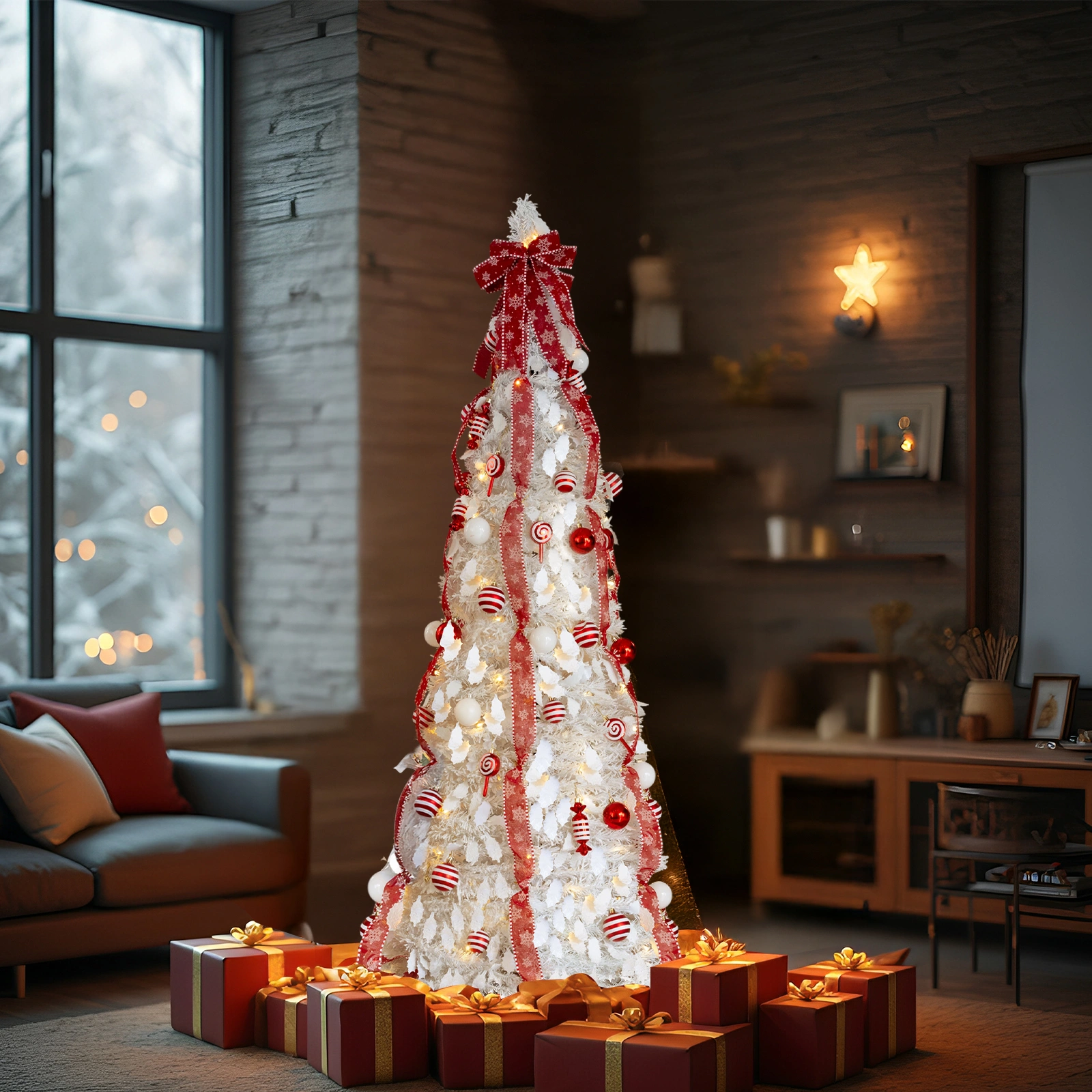 6 FT Fully Decorated Pre-lit Christmas Tree, Pop Up Artificial Xmas Tree with 100 Warm Lights and Red Ornaments for Home Office Store Holiday Deco, White view 11