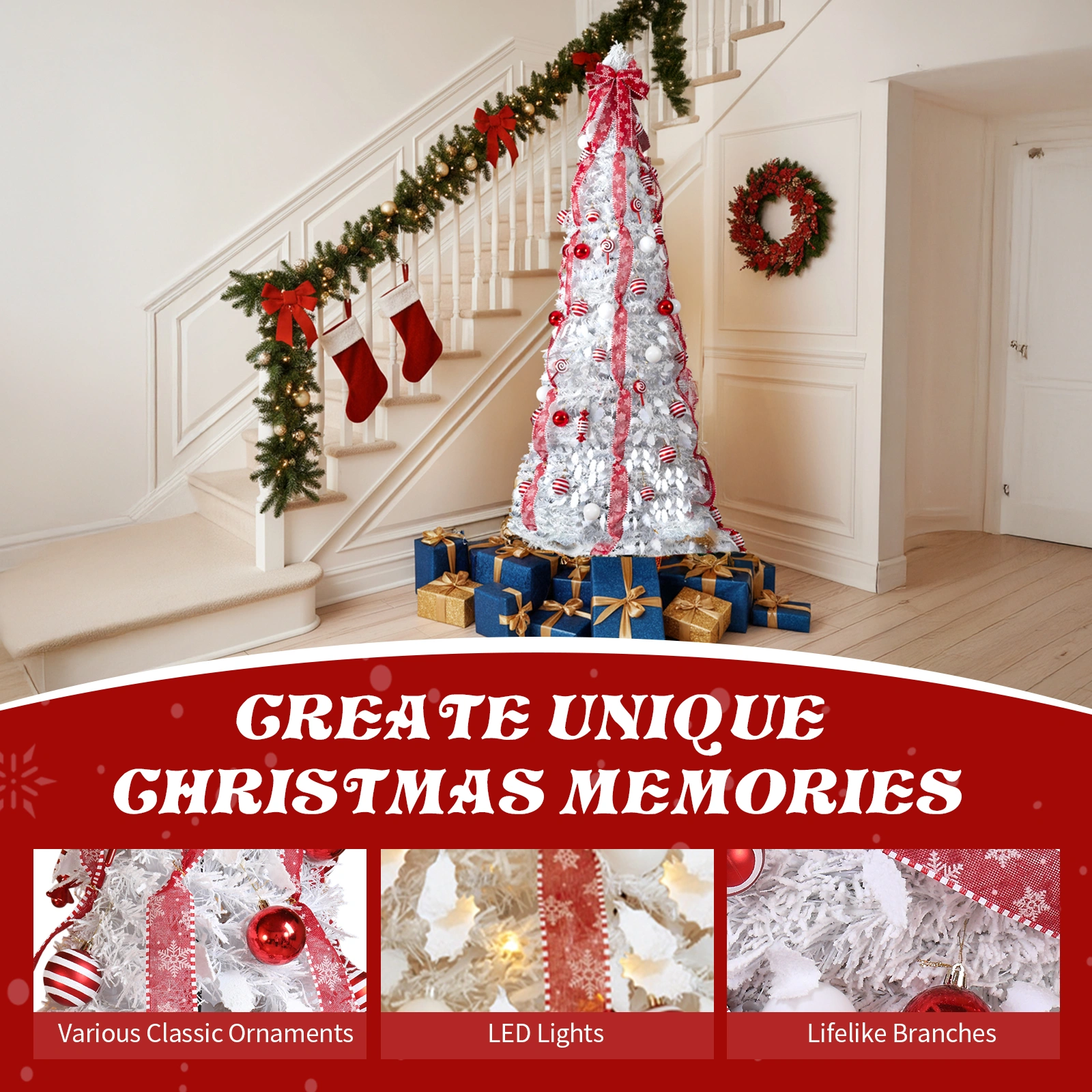 6 FT Fully Decorated Pre-lit Christmas Tree, Pop Up Artificial Xmas Tree with 100 Warm Lights and Red Ornaments for Home Office Store Holiday Deco, White view 12