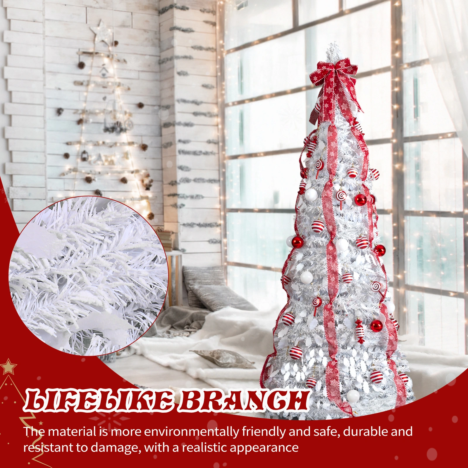 6 FT Fully Decorated Pre-lit Christmas Tree, Pop Up Artificial Xmas Tree with 100 Warm Lights and Red Ornaments for Home Office Store Holiday Deco, White view 13
