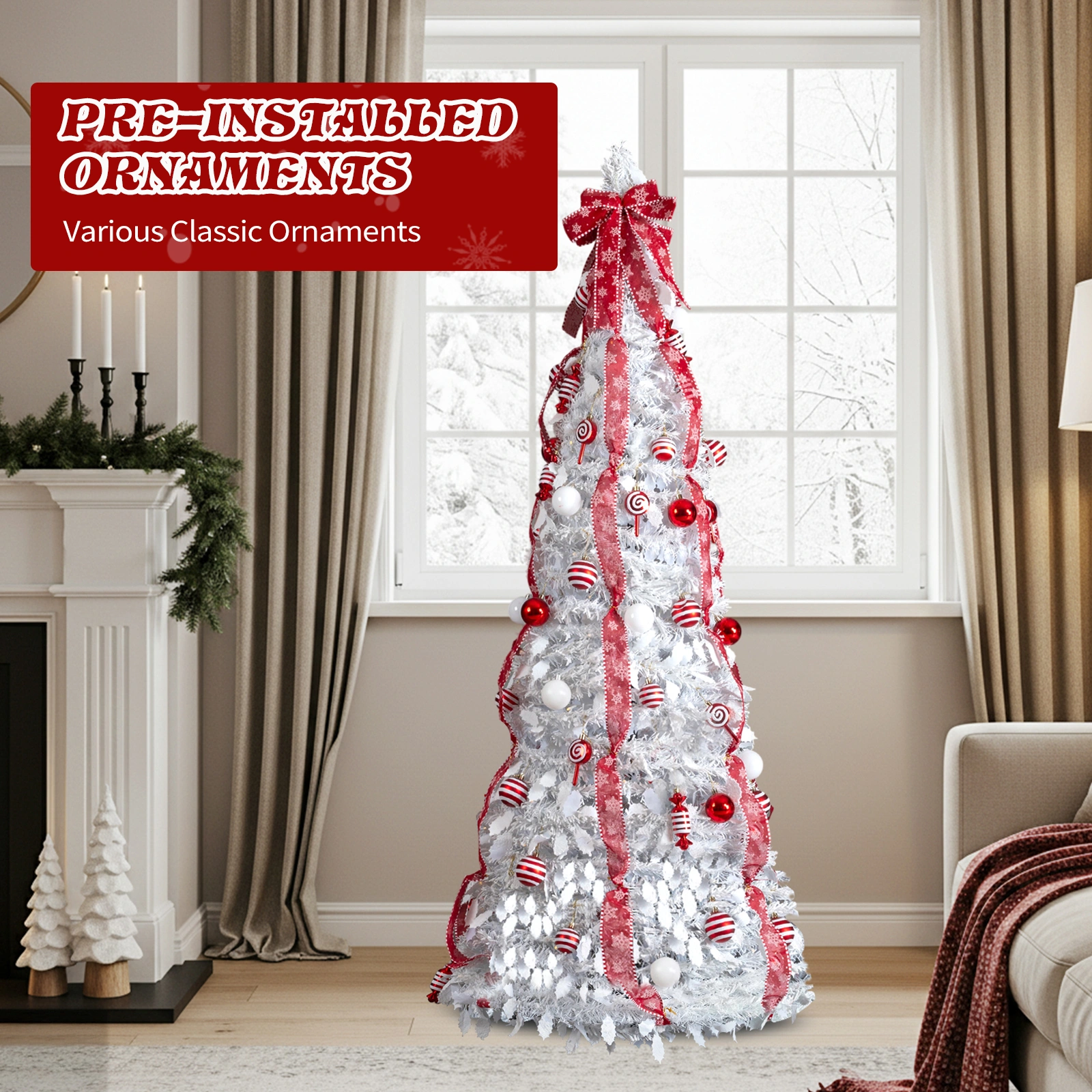 6 FT Fully Decorated Pre-lit Christmas Tree, Pop Up Artificial Xmas Tree with 100 Warm Lights and Red Ornaments for Home Office Store Holiday Deco, White view 14