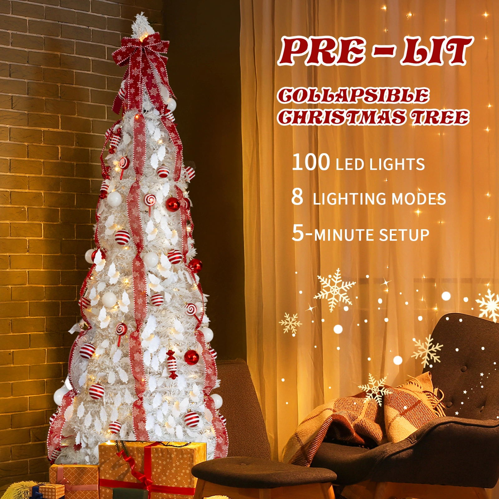 6 FT Fully Decorated Pre-lit Christmas Tree, Pop Up Artificial Xmas Tree with 100 Warm Lights and Red Ornaments for Home Office Store Holiday Deco, White view 15