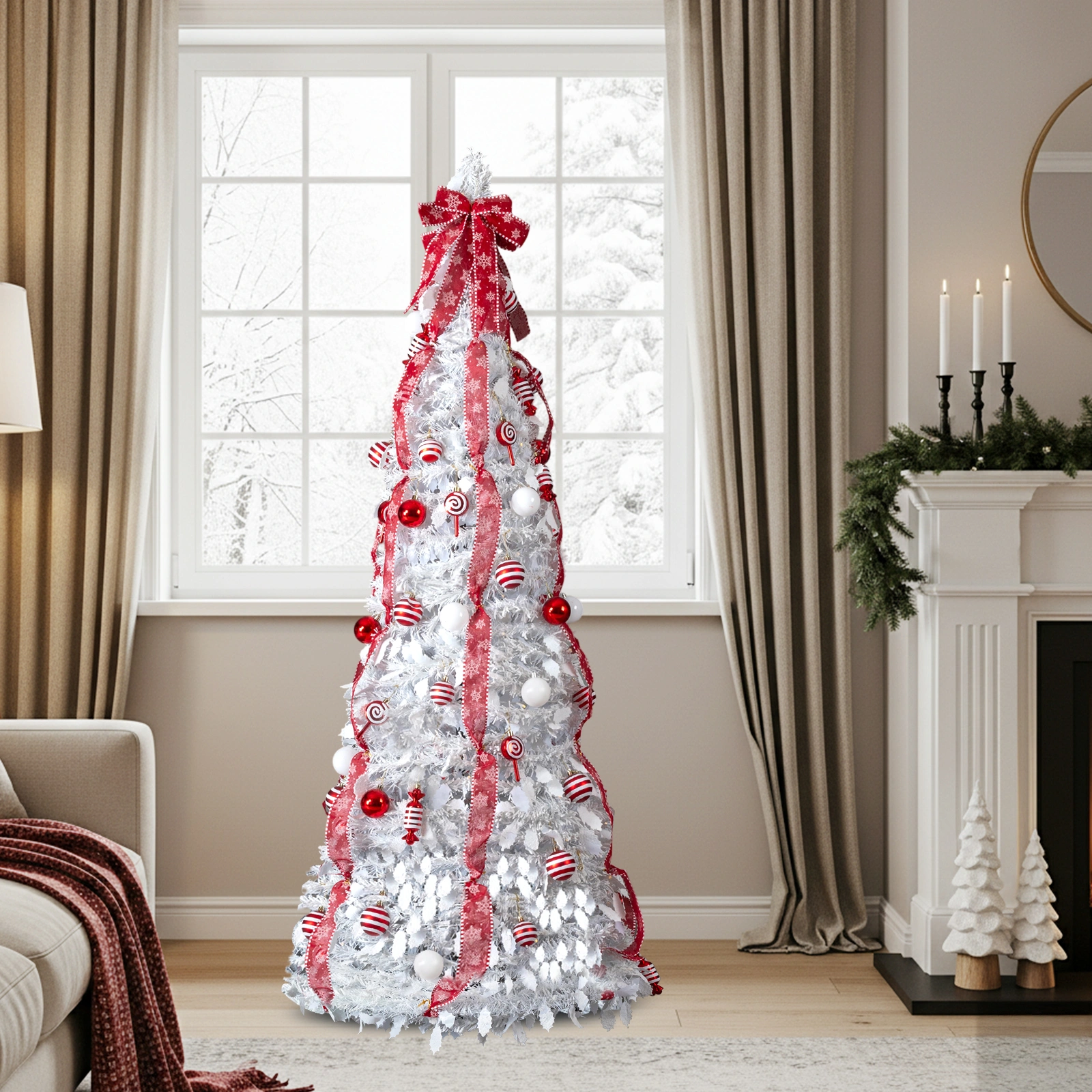 6 FT Fully Decorated Pre-lit Christmas Tree, Pop Up Artificial Xmas Tree with 100 Warm Lights and Red Ornaments for Home Office Store Holiday Deco, White view 7