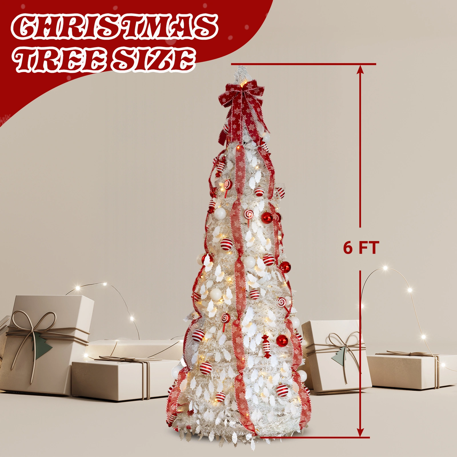 6 FT Fully Decorated Pre-lit Christmas Tree, Pop Up Artificial Xmas Tree with 100 Warm Lights and Red Ornaments for Home Office Store Holiday Deco, White view 8