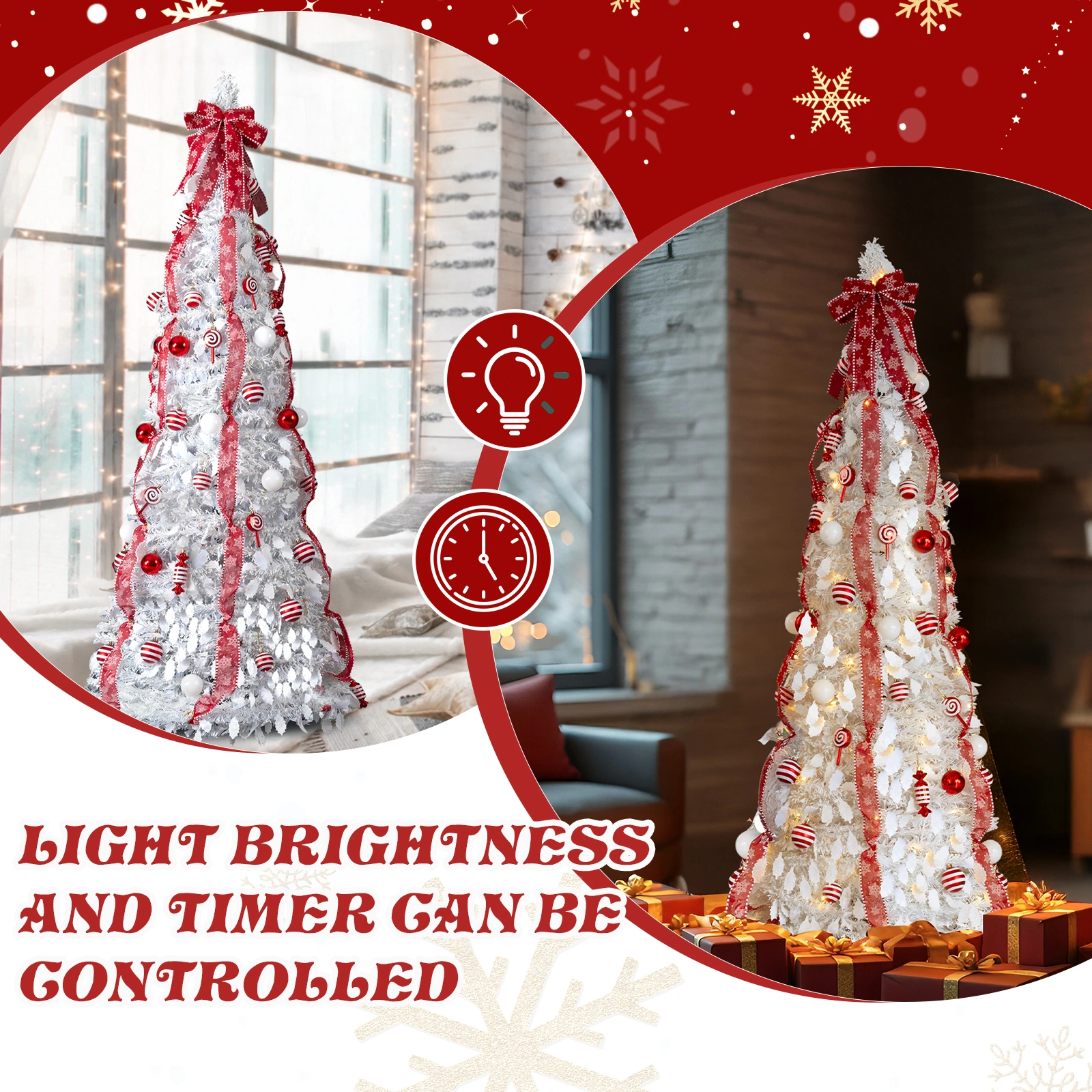 6 FT Fully Decorated Pre-lit Christmas Tree, Pop Up Artificial Xmas Tree with 100 Warm Lights and Red Ornaments for Home Office Store Holiday Deco, White view 9