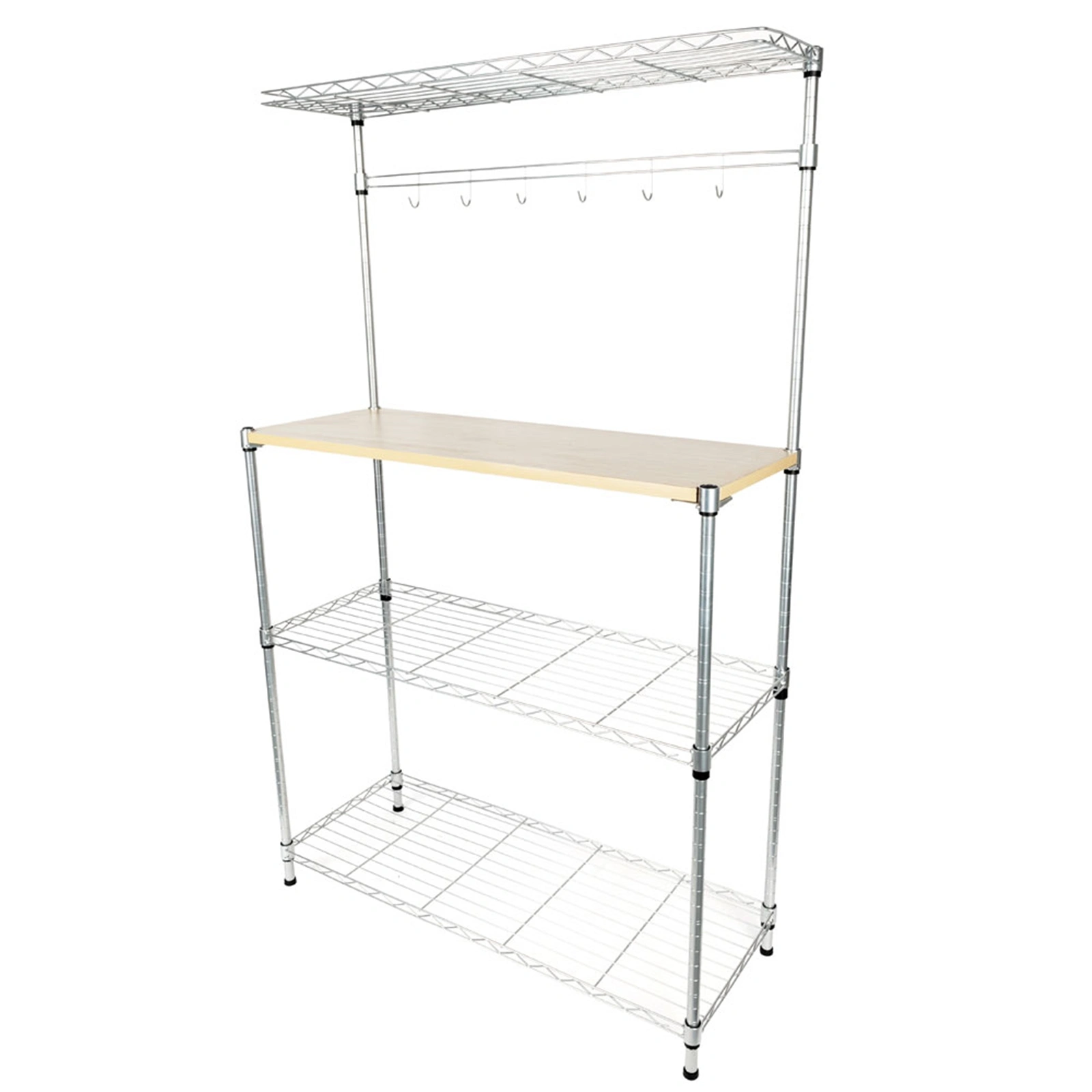 4-Tier Baker's Rack Microwave Oven Stand with MDF Board & 6pcs Wave Rods, Powder Coated Silver