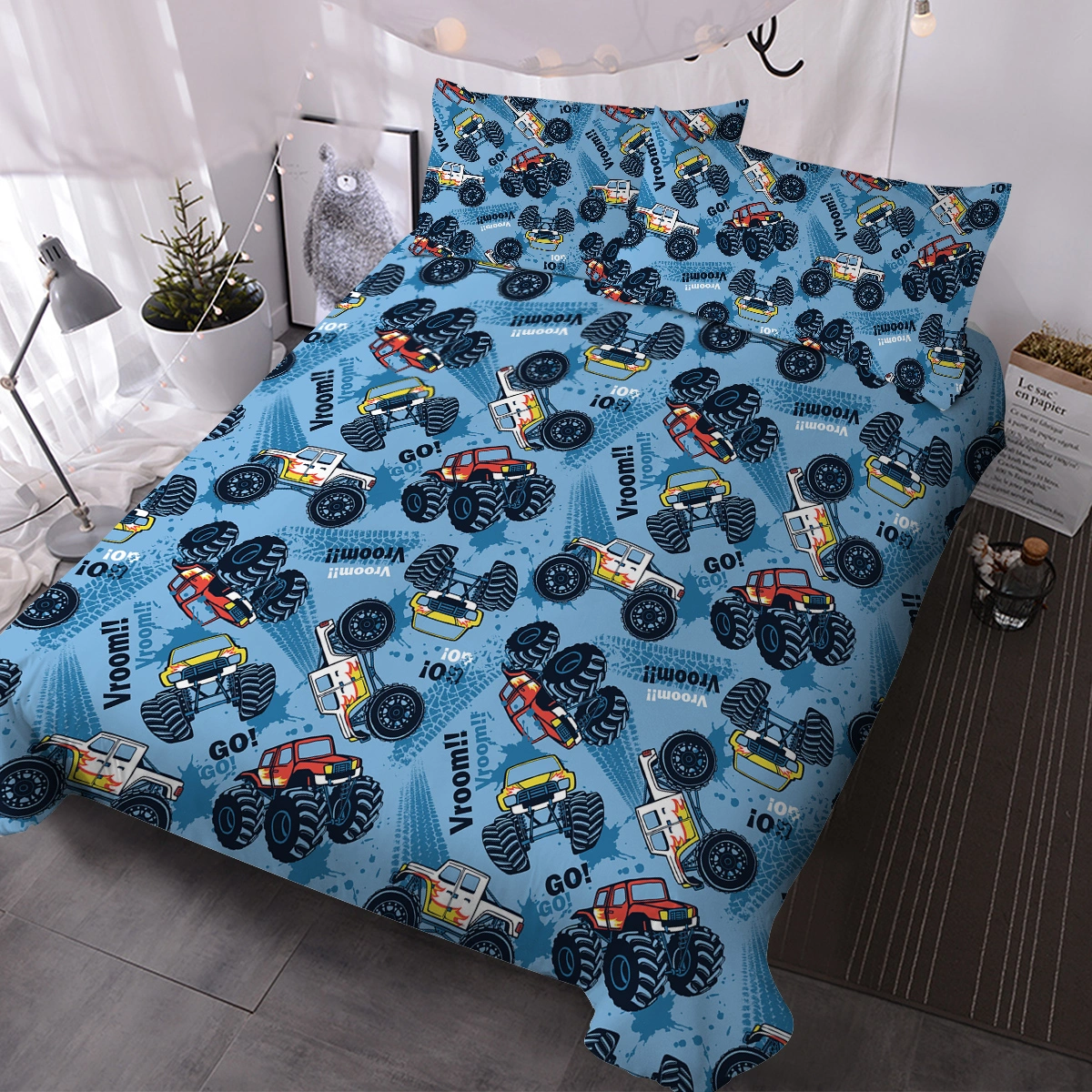 Kids Monster Truck Duvet Cover Set Single - 3-Piece Brushed Microfiber Bedding for Boys Teens, Cute Vehicle Print Quilt Cover