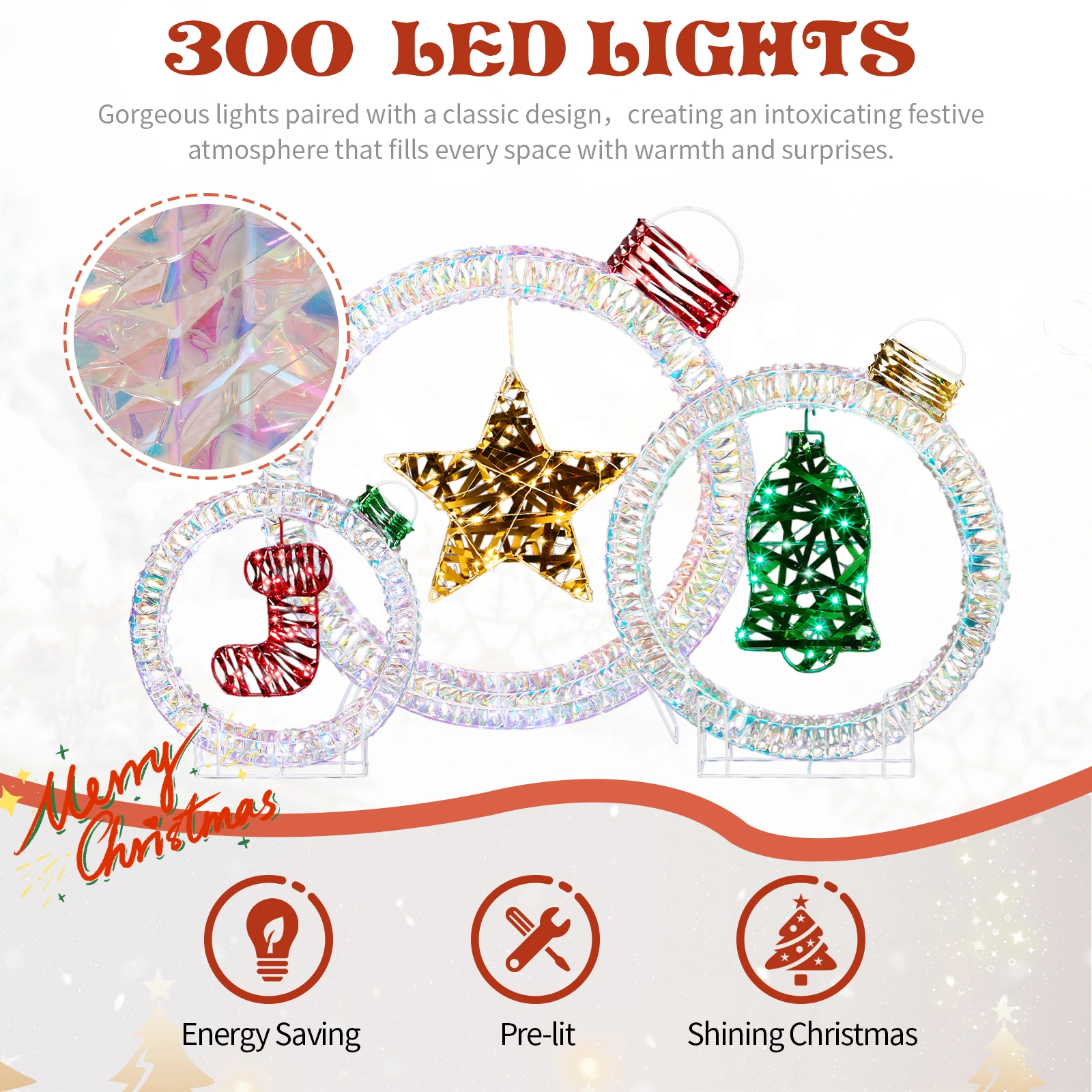 Set of 3 Lighted Iridescent Cut-out Light Bulb Christmas Decorations, Pre-lit Holiday Decor with 295 White LED Lights for Xmas Outdoor Indoor Decor Lighted Holiday Displays view 5