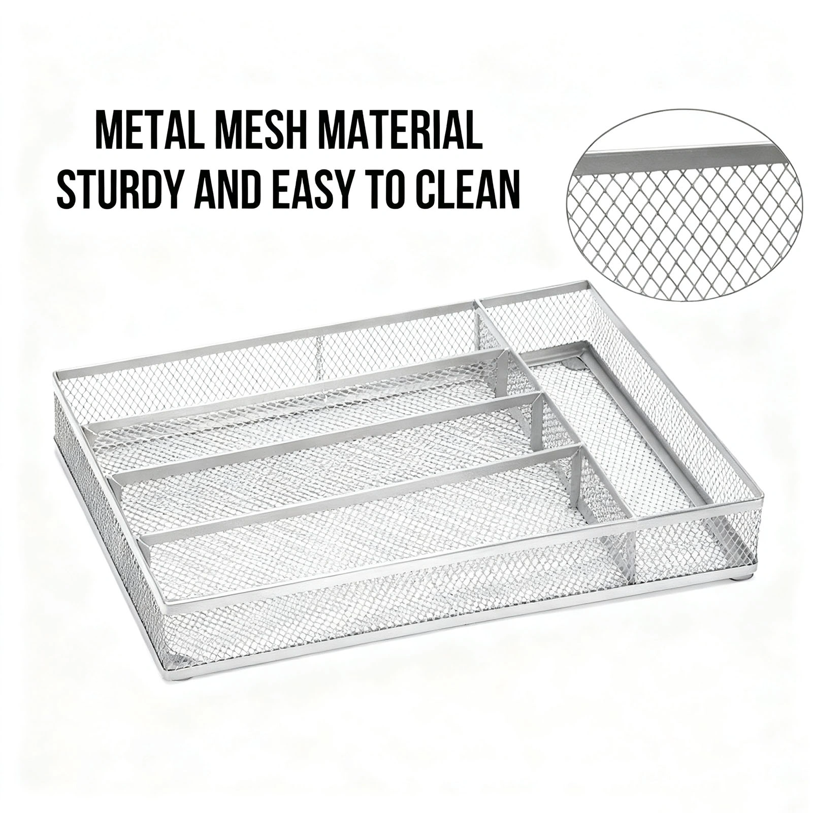 Carbon Steel Cutlery Drawer Organizer with Anti-Slip Foam Pads, Silver Flatware & Spoon Fork Storage Divider for Kitchen view 3