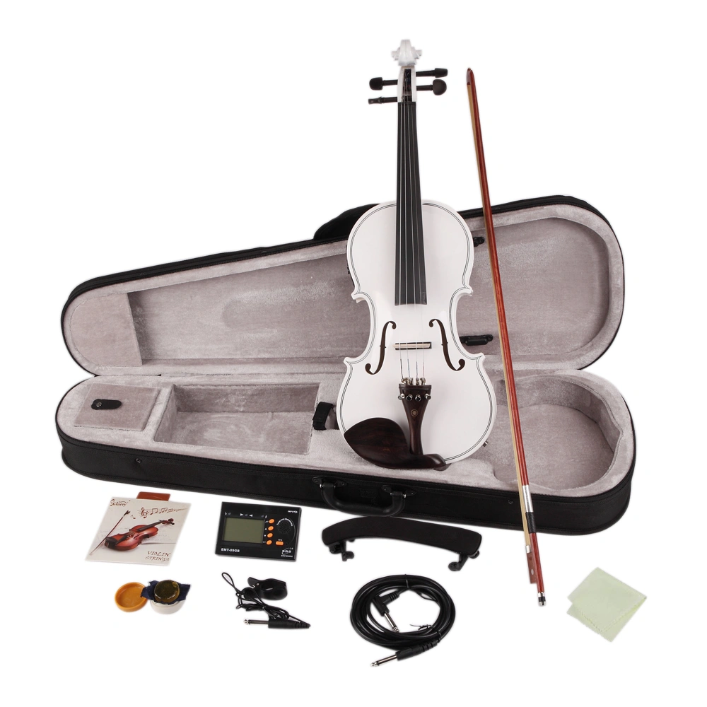 GV102 4/4 Solid Wood Violin Case Bundle with Bow, Strings, Shoulder Rest, Electronic Tuner, Cleaning Cloth - White view 2