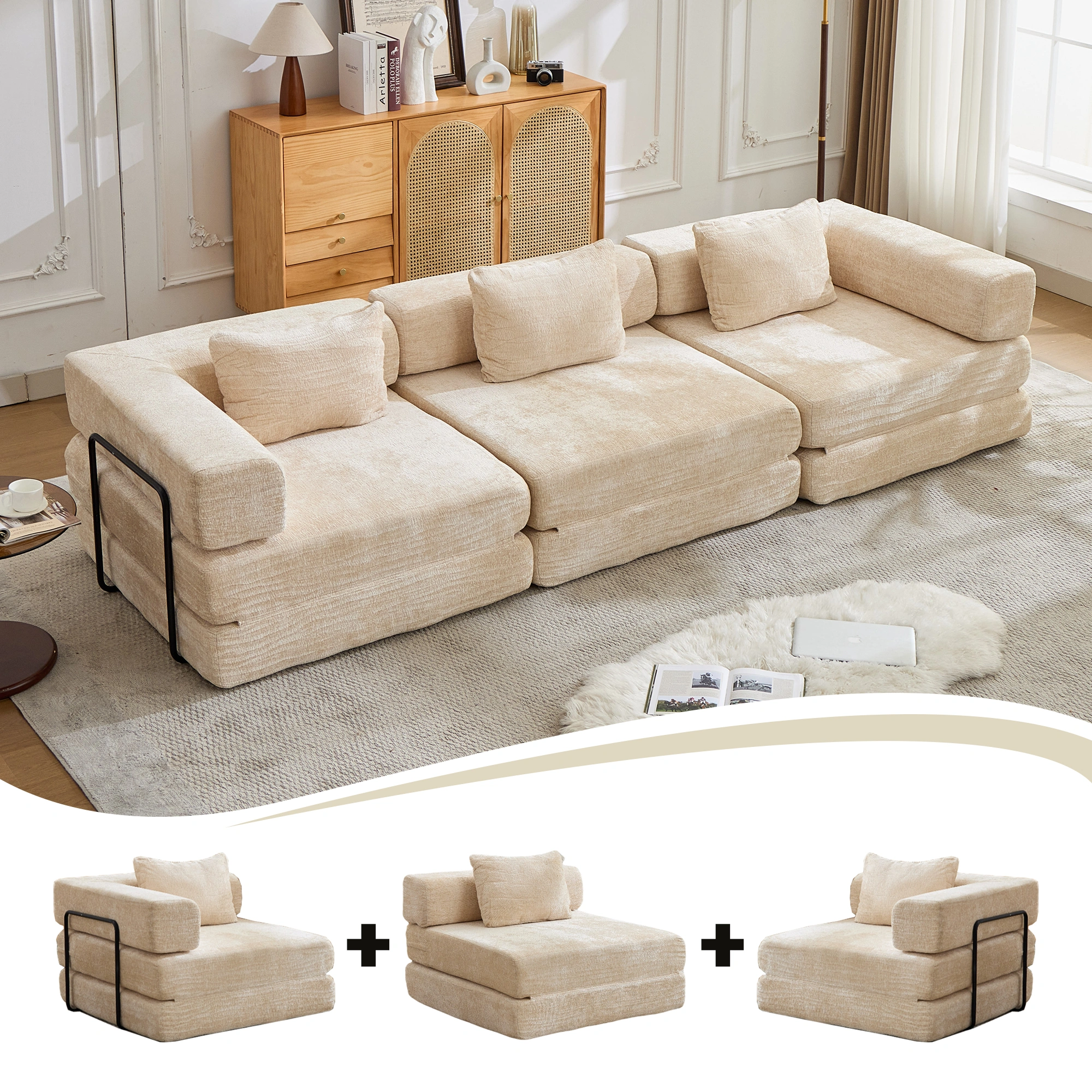 Compressible Floor Sofa Bed, Convertible Sectional with Fixed Frame, Boneless Modular Couch, Chenille Fabric, Beige, No Assembly, Living Room Bedroom view 2