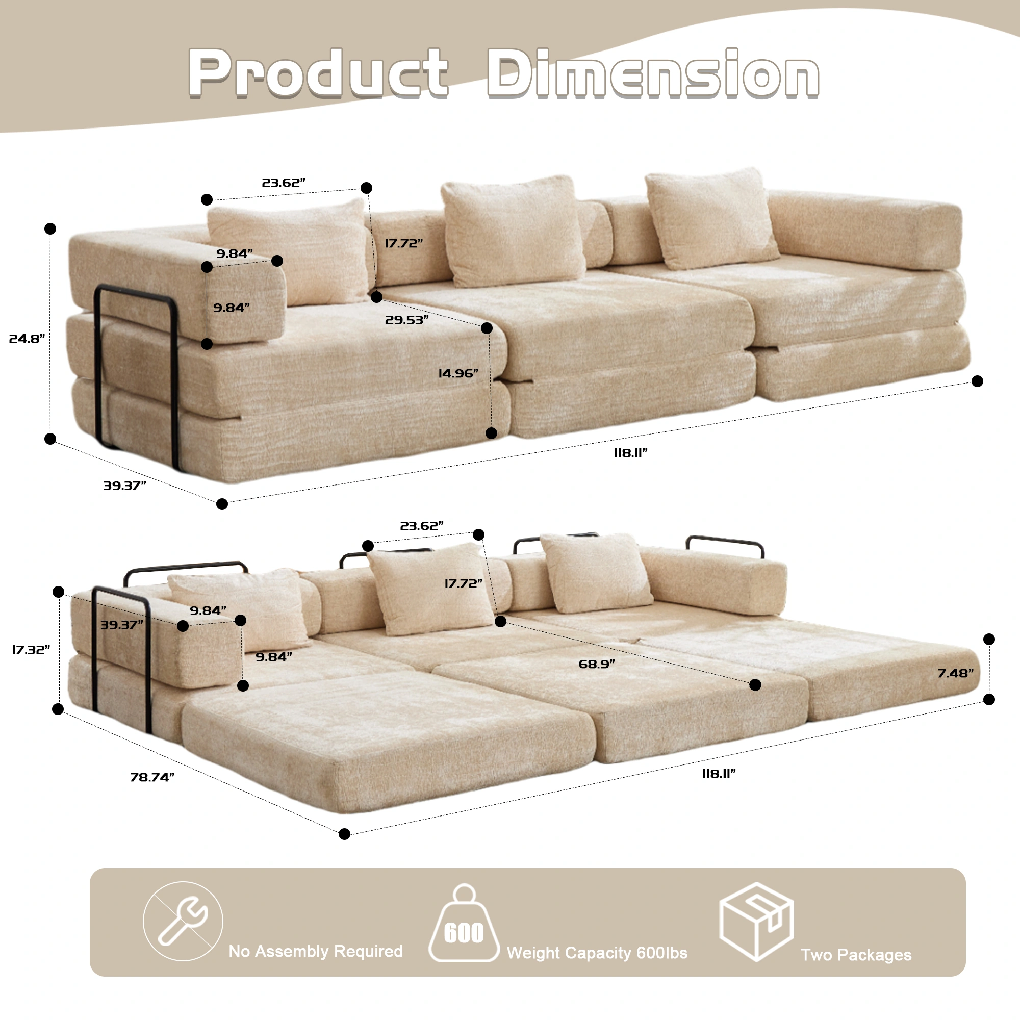 Compressible Floor Sofa Bed, Convertible Sectional with Fixed Frame, Boneless Modular Couch, Chenille Fabric, Beige, No Assembly, Living Room Bedroom view 3
