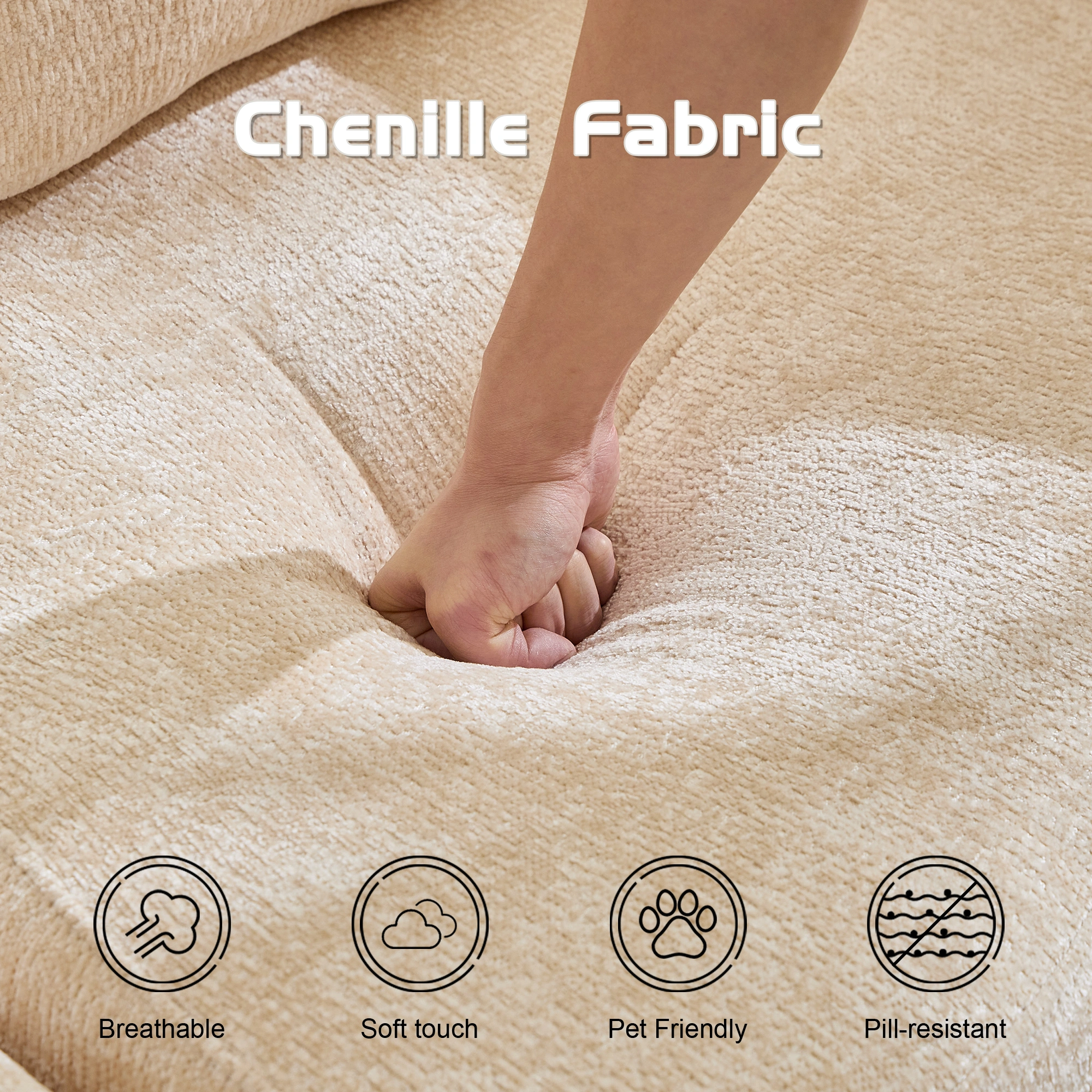 Compressible Floor Sofa Bed, Convertible Sectional with Fixed Frame, Boneless Modular Couch, Chenille Fabric, Beige, No Assembly, Living Room Bedroom view 4
