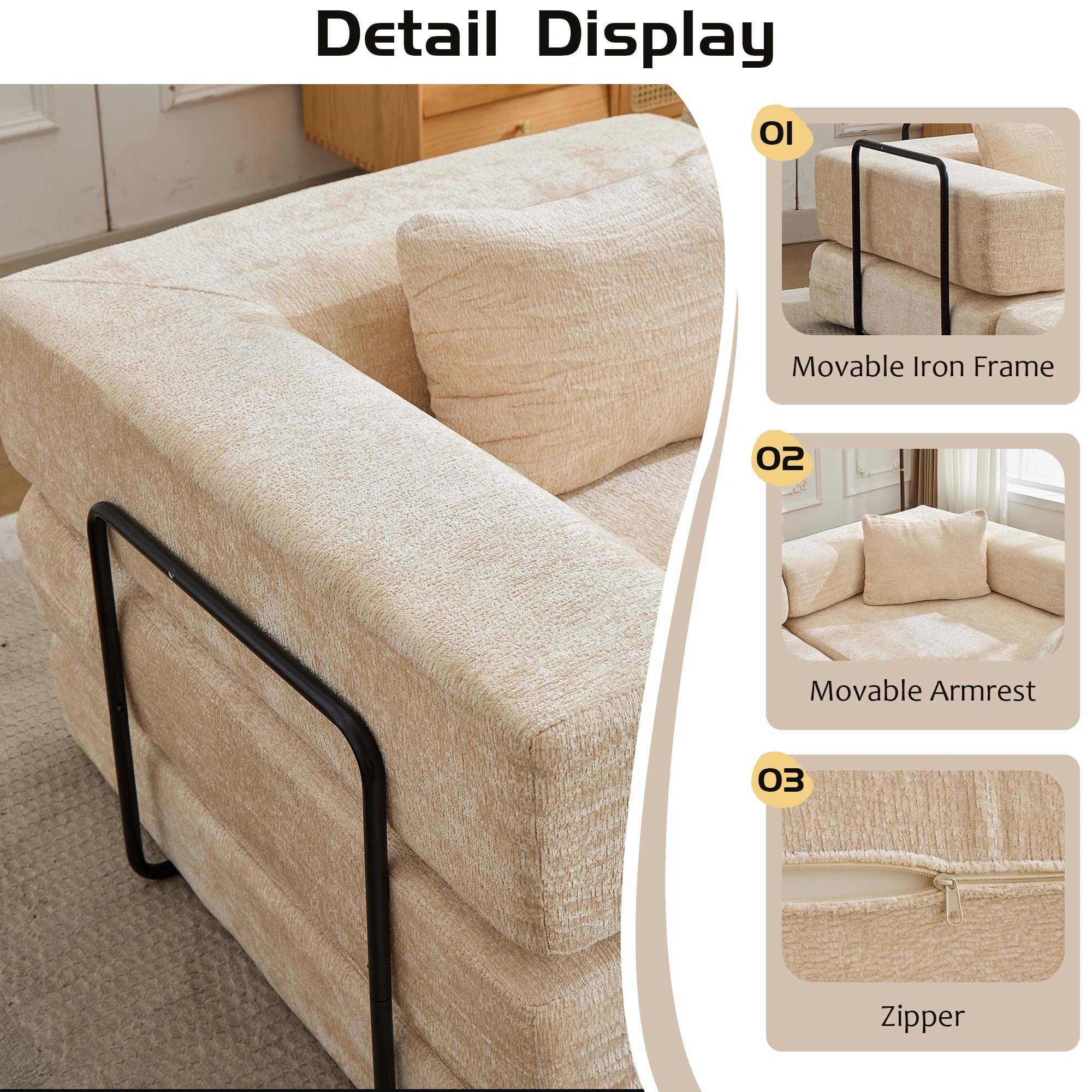 Compressible Floor Sofa Bed, Convertible Sectional with Fixed Frame, Boneless Modular Couch, Chenille Fabric, Beige, No Assembly, Living Room Bedroom view 6