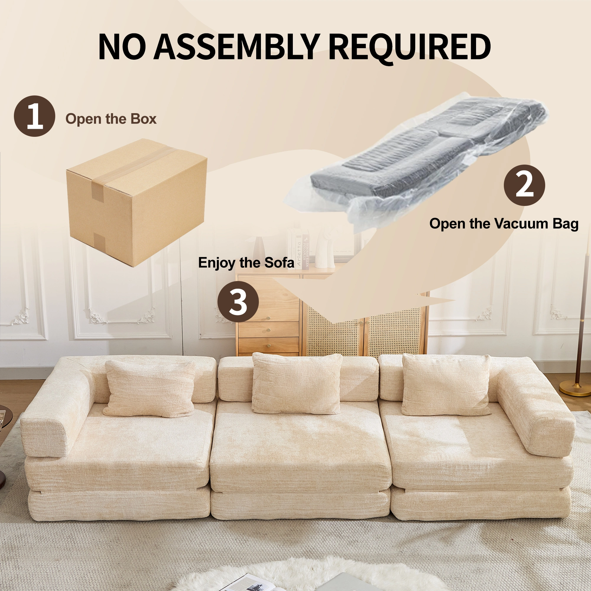 Compressible Floor Sofa Bed, Convertible Sectional with Fixed Frame, Boneless Modular Couch, Chenille Fabric, Beige, No Assembly, Living Room Bedroom view 9