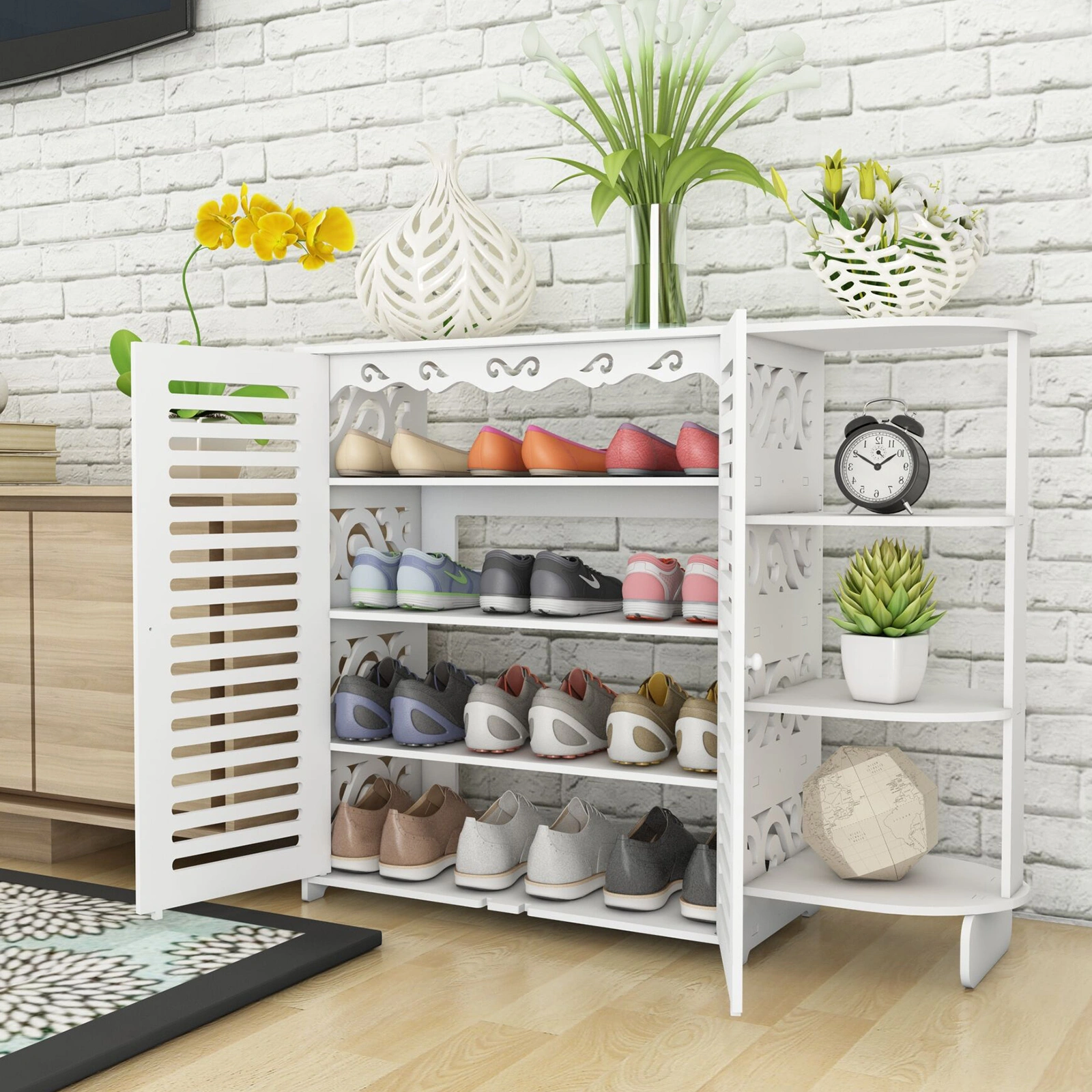 Wooden 2-Door Shoe Storage Cabinet, 4-Tier Shoe Rack Organizer Cupboard Furniture view 2