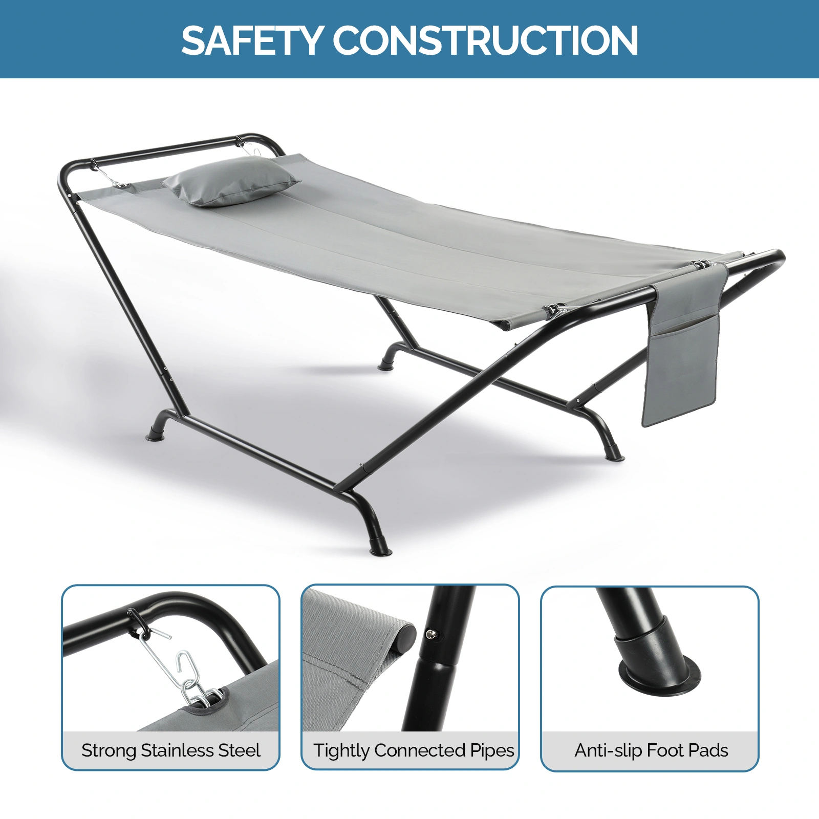 Freestanding Hammock with Stand, 600LBS Heavy Duty Outdoor Hammock Bed with Soft Pillow & Storage Bag, Grey view 4