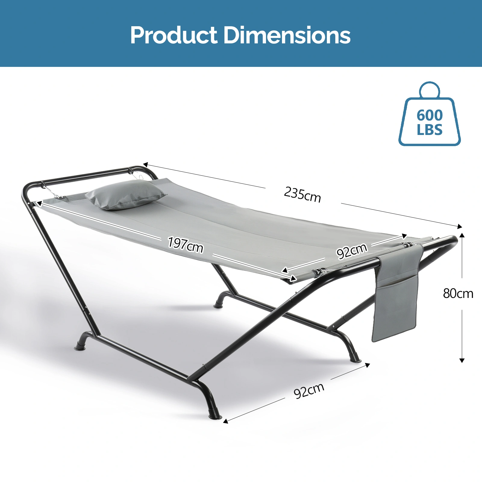 Freestanding Hammock with Stand, 600LBS Heavy Duty Outdoor Hammock Bed with Soft Pillow & Storage Bag, Grey view 8