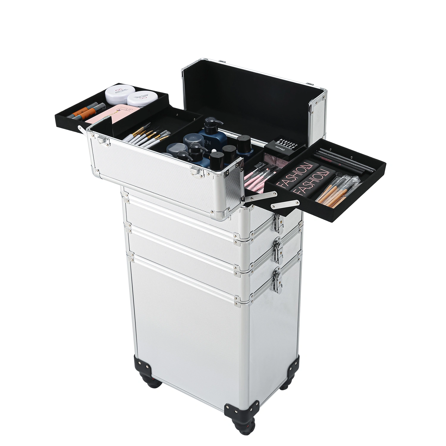 Silver Aluminum Rolling Makeup Case 4-in-1 Interchange view 3
