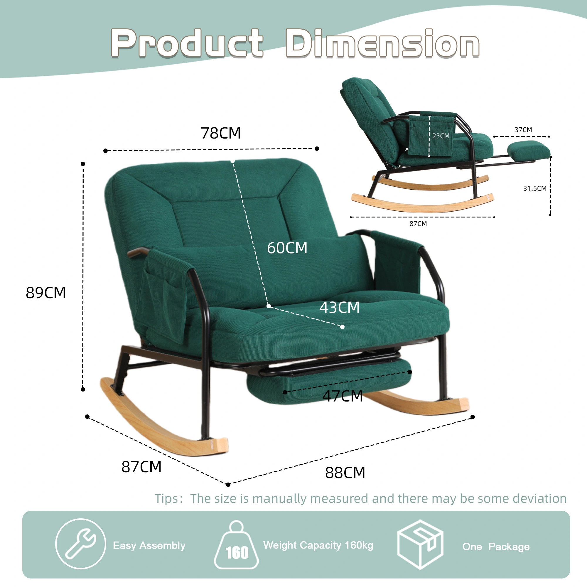 Oversized Rocking Chair Glider with Foot Rest, Padded Cushion Adjustable Backrest, Mental Wooden Farm Style for Indoor Outdoor Living Room Balcony, Corduroy, Green view 2