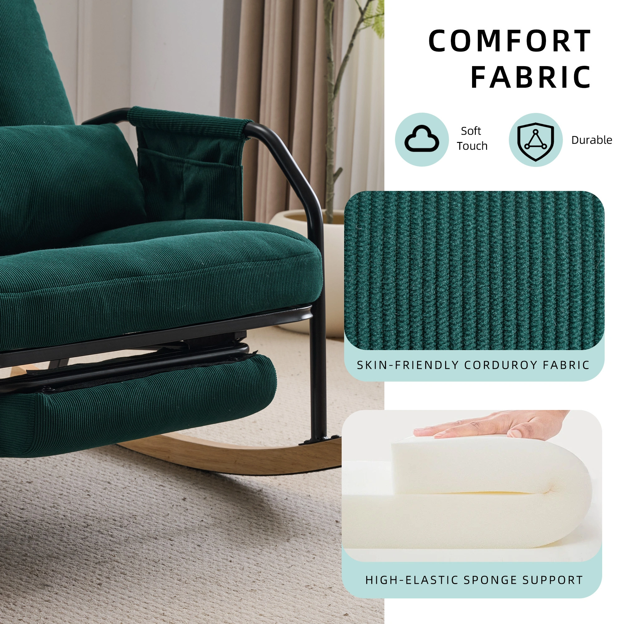 Oversized Rocking Chair Glider with Foot Rest, Padded Cushion Adjustable Backrest, Mental Wooden Farm Style for Indoor Outdoor Living Room Balcony, Corduroy, Green view 3