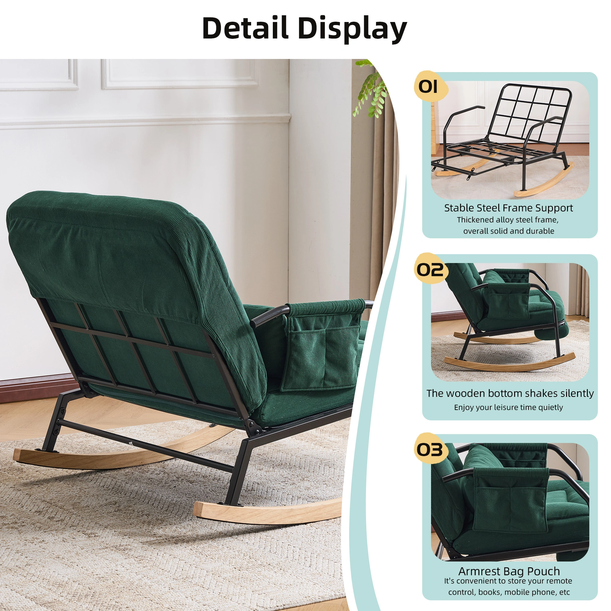 Oversized Rocking Chair Glider with Foot Rest, Padded Cushion Adjustable Backrest, Mental Wooden Farm Style for Indoor Outdoor Living Room Balcony, Corduroy, Green view 5