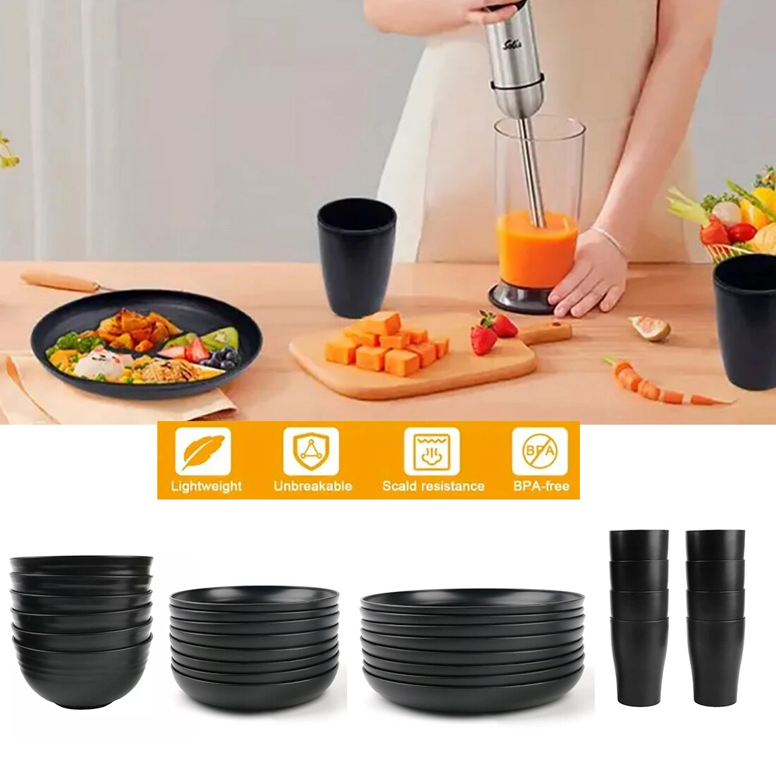Black PP Round Dinnerware Set 32PCS Tableware Bowls Plates for Home Party UK Dining view 2