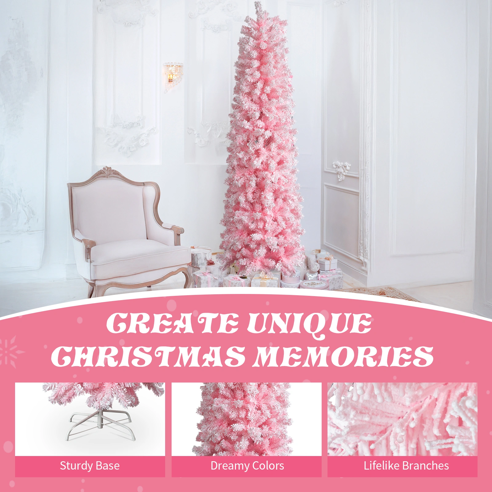 5FT Snow Flocked Hinged Christmas Tree, Artificial Pencil Pine Tree, 641 Branch Tips w/Sturdy Stand, Pink Unlit view 5