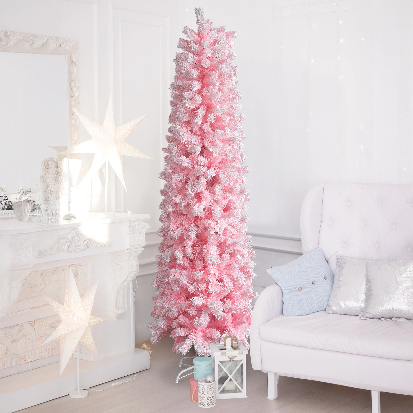 5FT Snow Flocked Hinged Christmas Tree, Artificial Pencil Pine Tree, 641 Branch Tips w/Sturdy Stand, Pink Unlit view 6