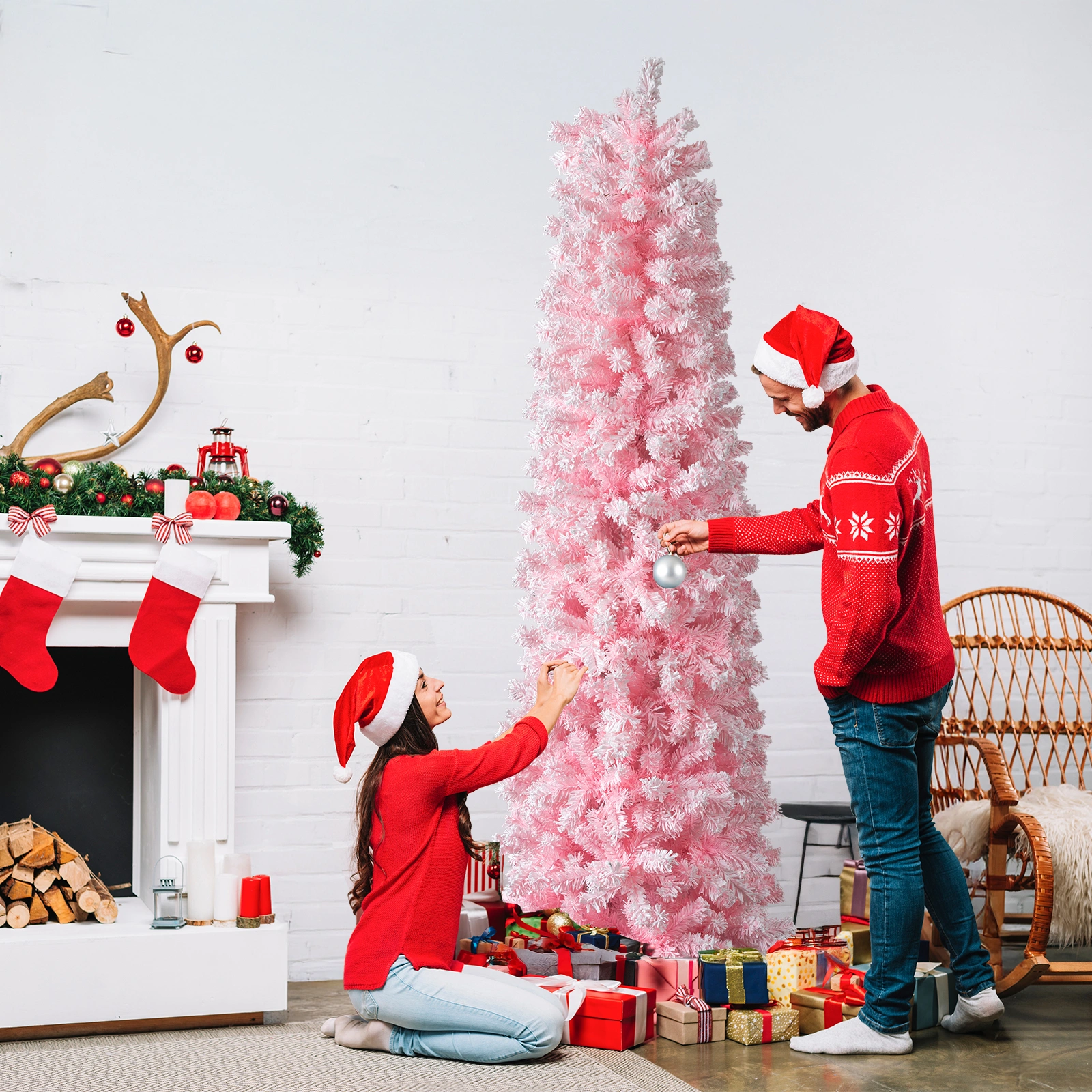 5FT Snow Flocked Hinged Christmas Tree, Artificial Pencil Pine Tree, 641 Branch Tips w/Sturdy Stand, Pink Unlit view 7
