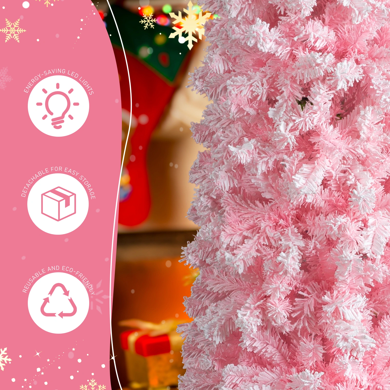 5FT Snow Flocked Hinged Christmas Tree, Artificial Pencil Pine Tree, 641 Branch Tips w/Sturdy Stand, Pink Unlit view 8