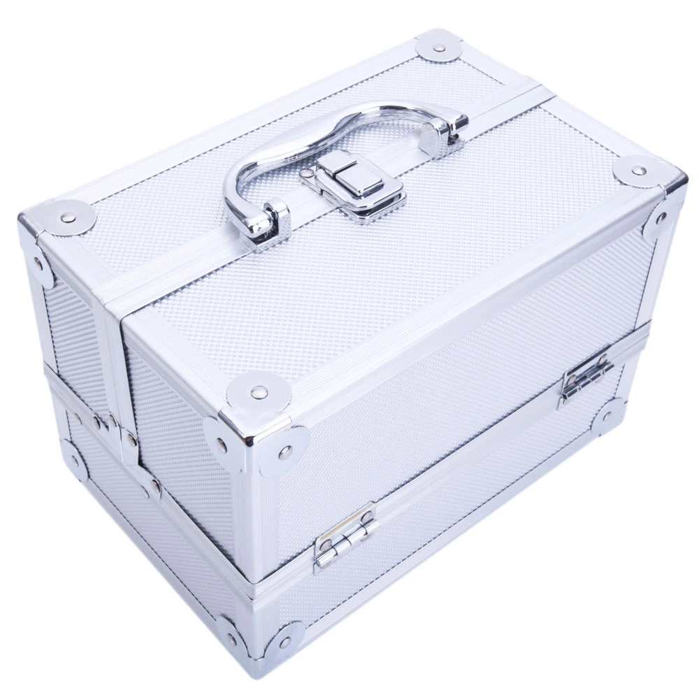 SM-2176 Aluminum Makeup Train Case Jewelry Box Cosmetic Organizer with Mirror 9"x6"x6" Silver view 10