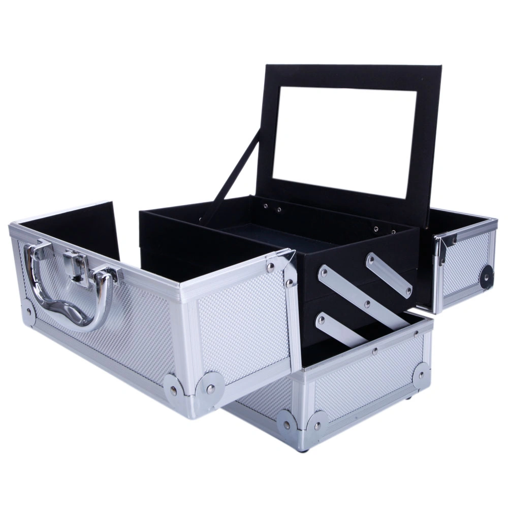 SM-2176 Aluminum Makeup Train Case Jewelry Box Cosmetic Organizer with Mirror 9"x6"x6" Silver view 12
