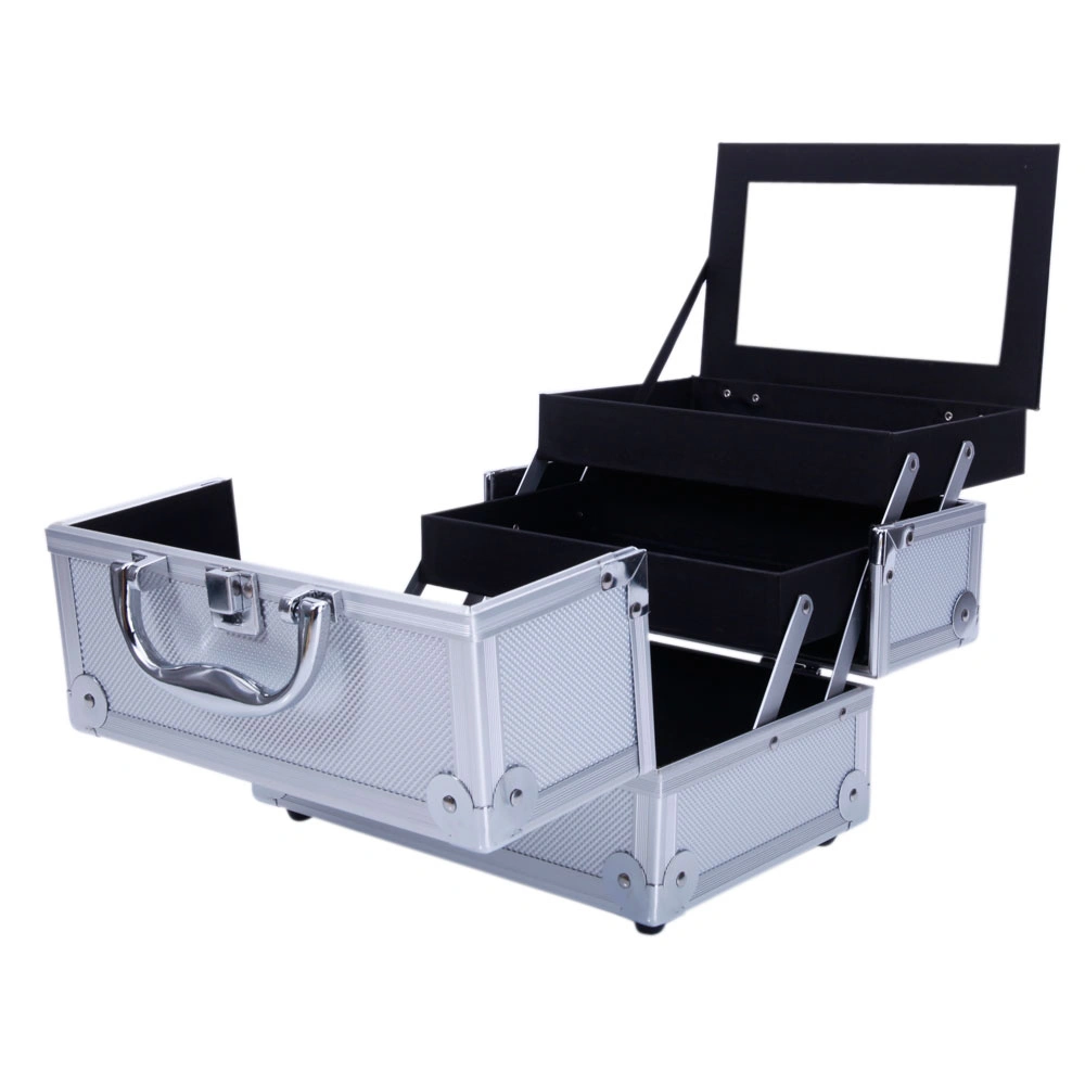 SM-2176 Aluminum Makeup Train Case Jewelry Box Cosmetic Organizer with Mirror 9"x6"x6" Silver view 13