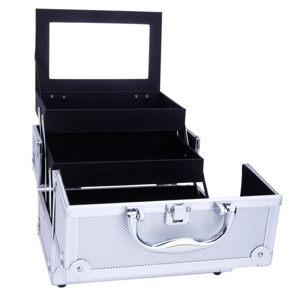 SM-2176 Aluminum Makeup Train Case Jewelry Box Cosmetic Organizer with Mirror 9"x6"x6" Silver view 14
