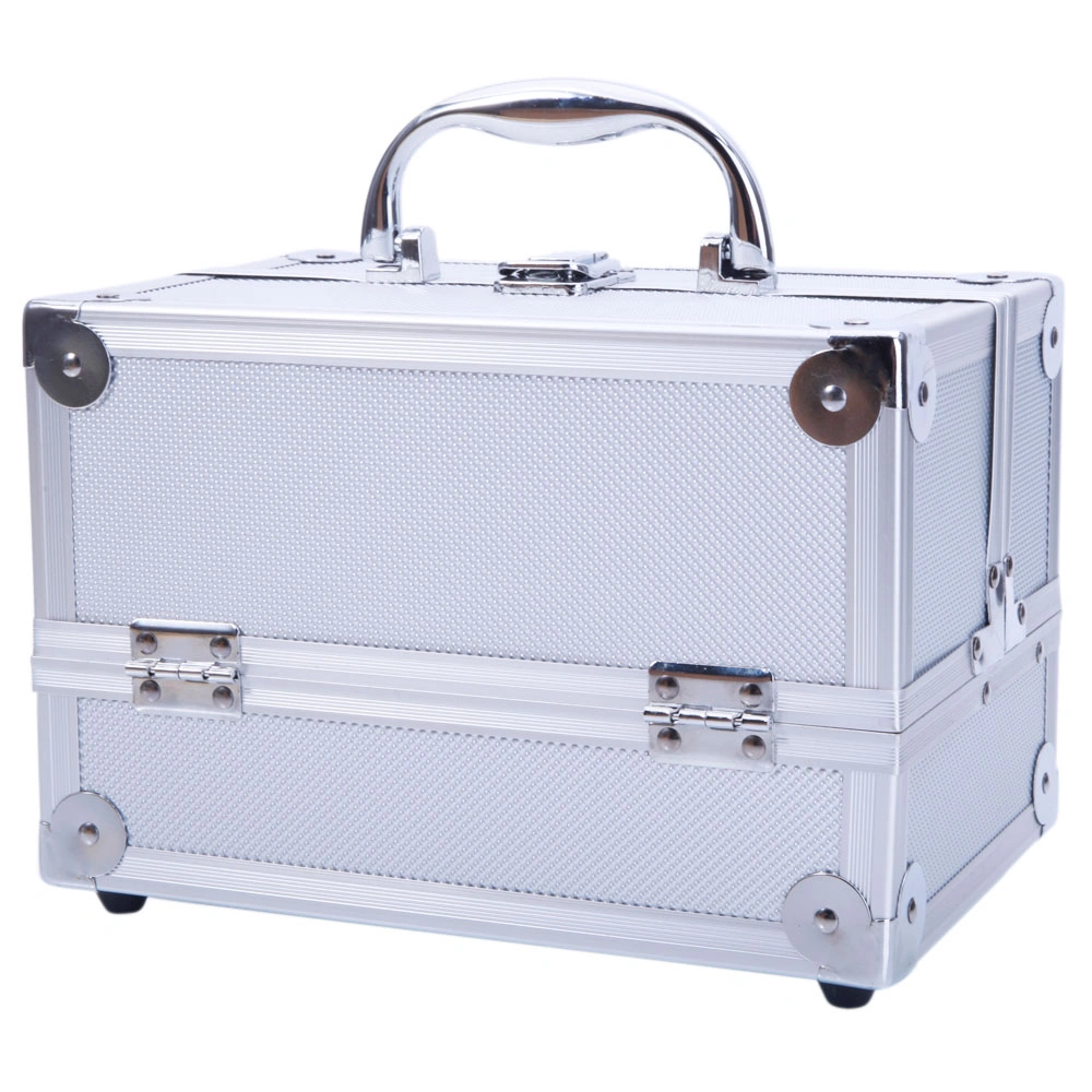SM-2176 Aluminum Makeup Train Case Jewelry Box Cosmetic Organizer with Mirror 9"x6"x6" Silver view 8