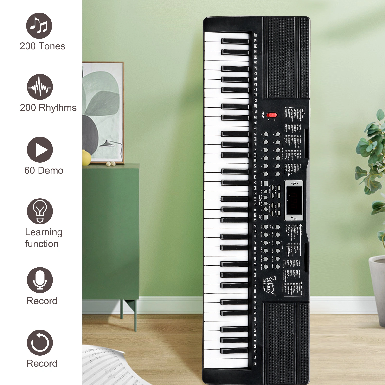 GEP-110 61 Key Keyboard with Piano Stand, Piano Bench, Built In Speakers, Headphone, Microphone, Music Rest, LED Screen, 3 Teaching Modes for Beginners view 5