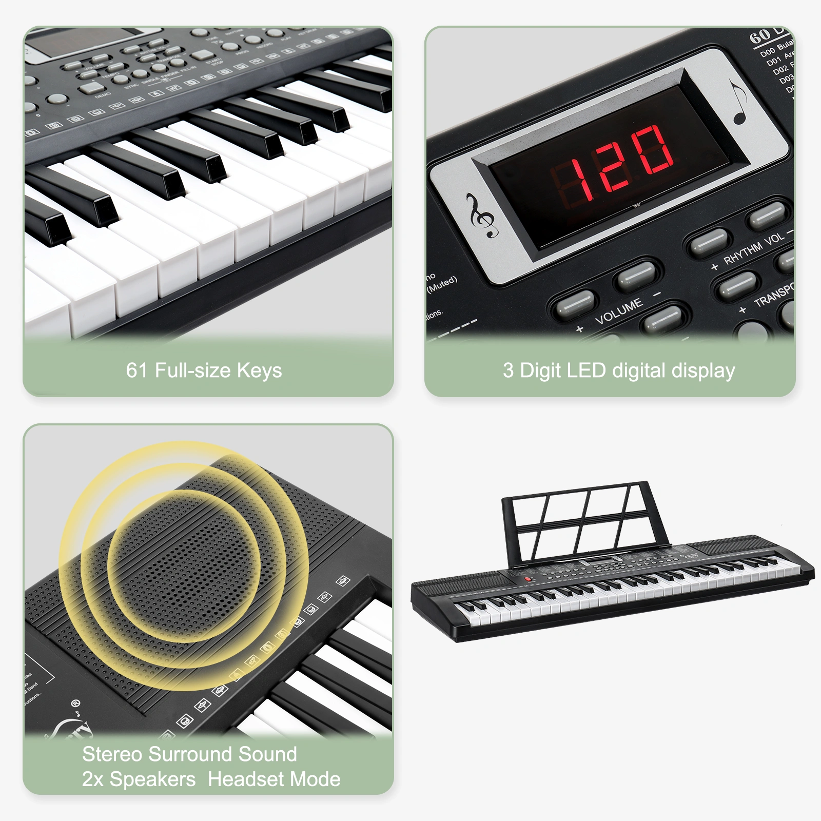 GEP-110 61 Key Keyboard with Piano Stand, Piano Bench, Built In Speakers, Headphone, Microphone, Music Rest, LED Screen, 3 Teaching Modes for Beginners view 7