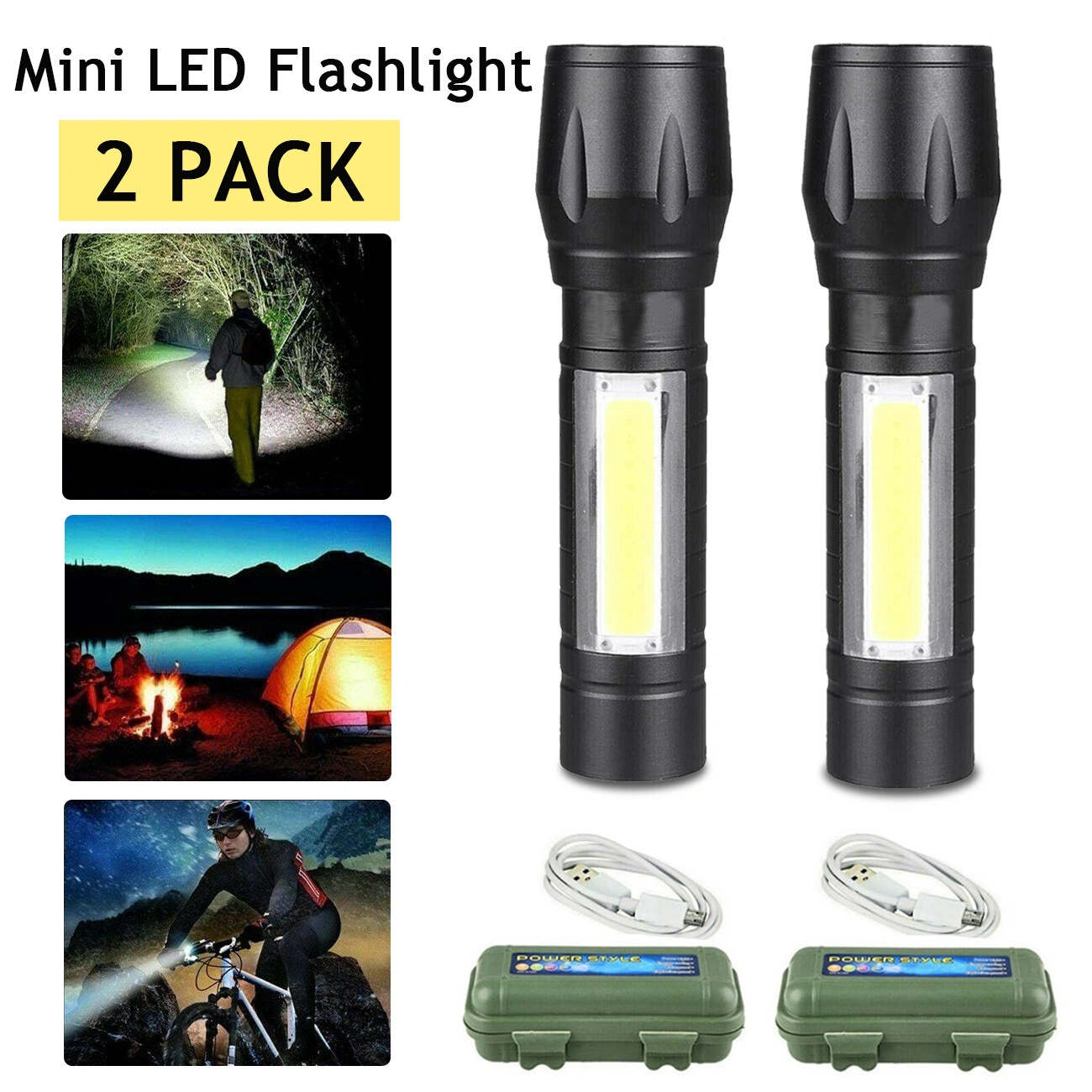 2Pcs Mini Zoomable LED Flashlight USB Rechargeable Camping Hiking Work Light view 9